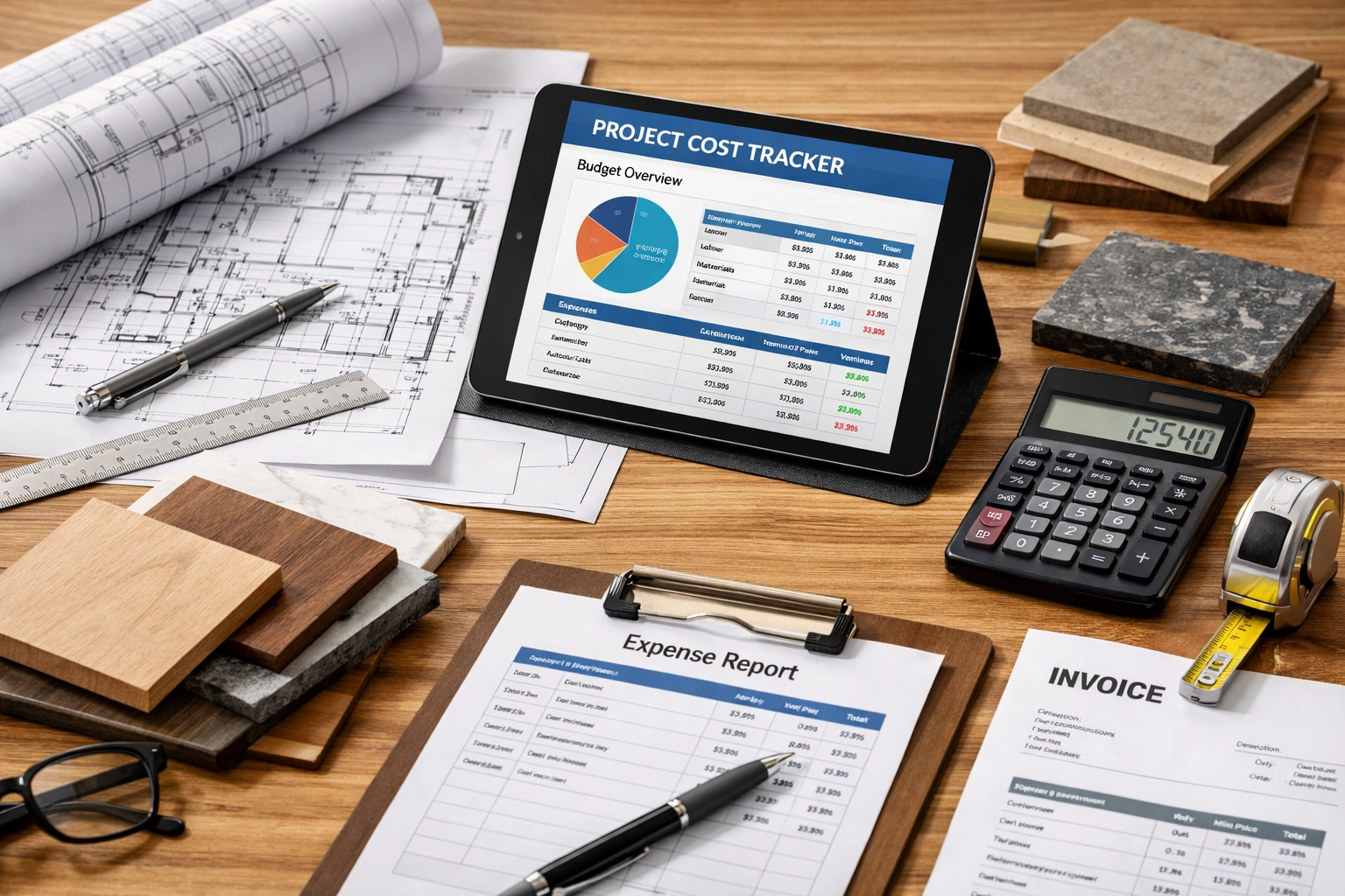 Contractor workspace with blueprints, calculator, and tablet displaying job costing software