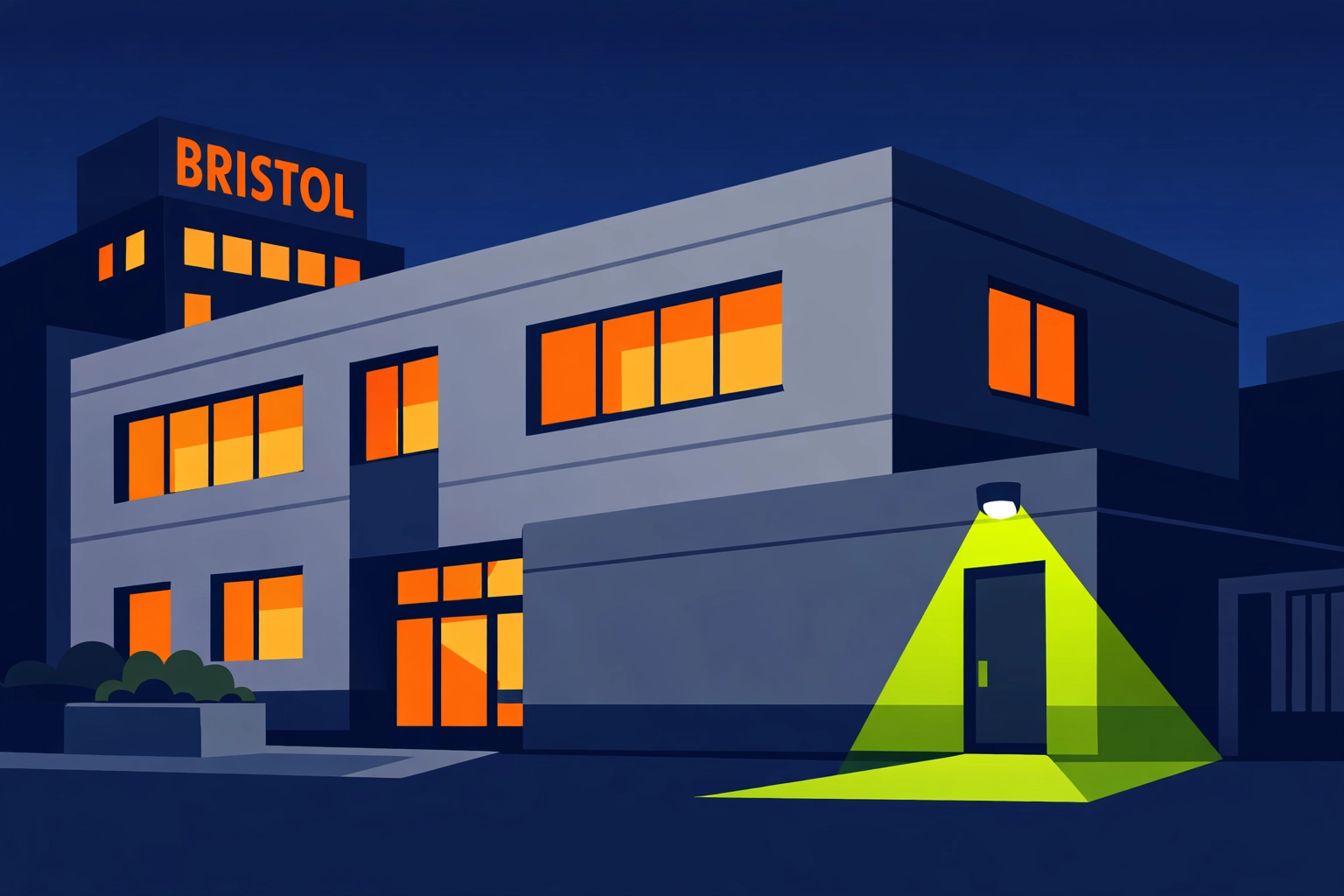 Professional office security lighting protecting a Bristol business building exterior to prevent break-ins.
