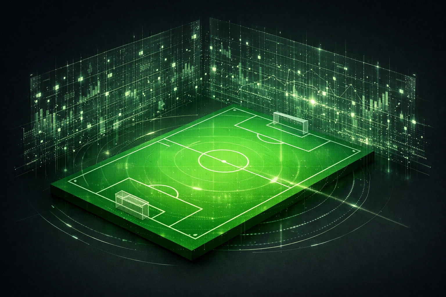 Digital football pitch with glowing data points representing AI bookmaker analysis.