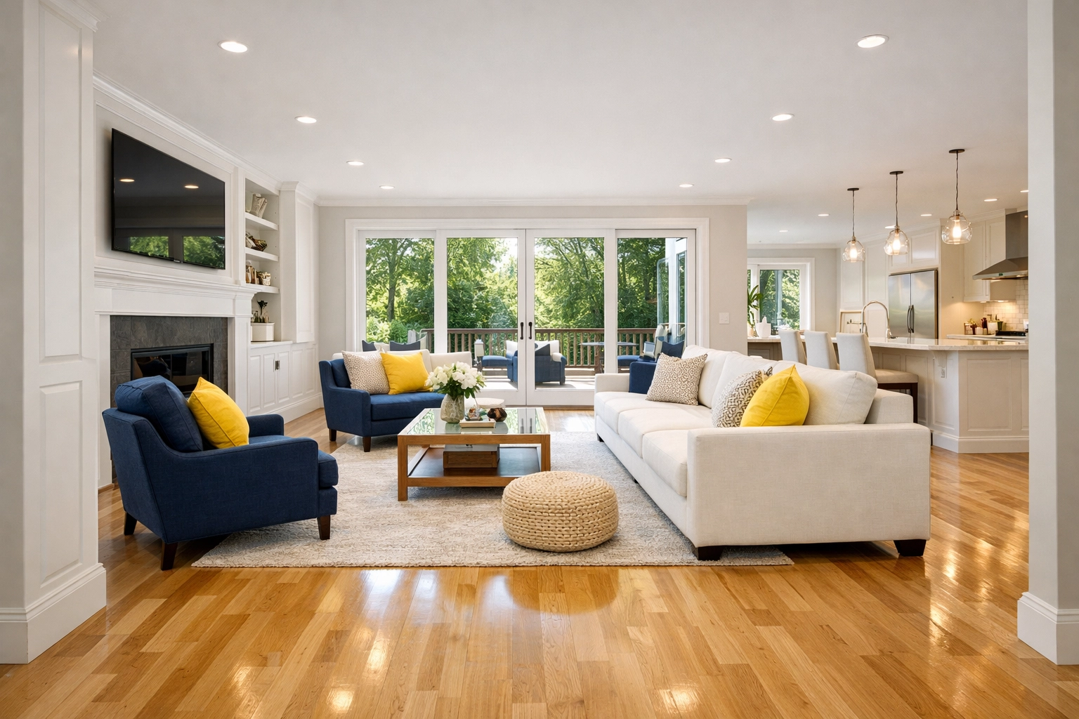 A spotless renovated living room after a thorough post-construction cleaning in Marlborough.