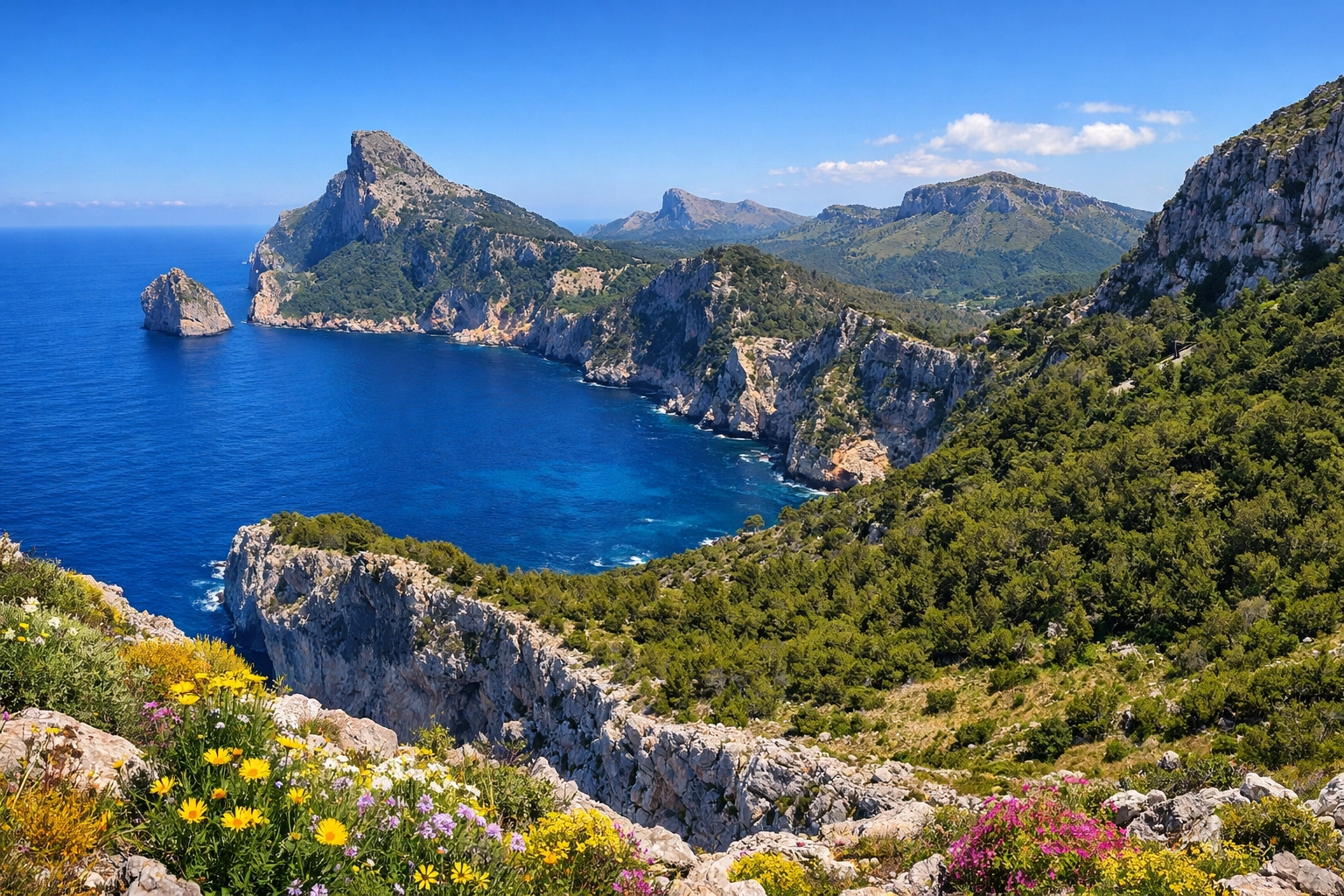 Dramatic views of the Formentor Peninsula cliffs in Majorca during the fresh spring season.