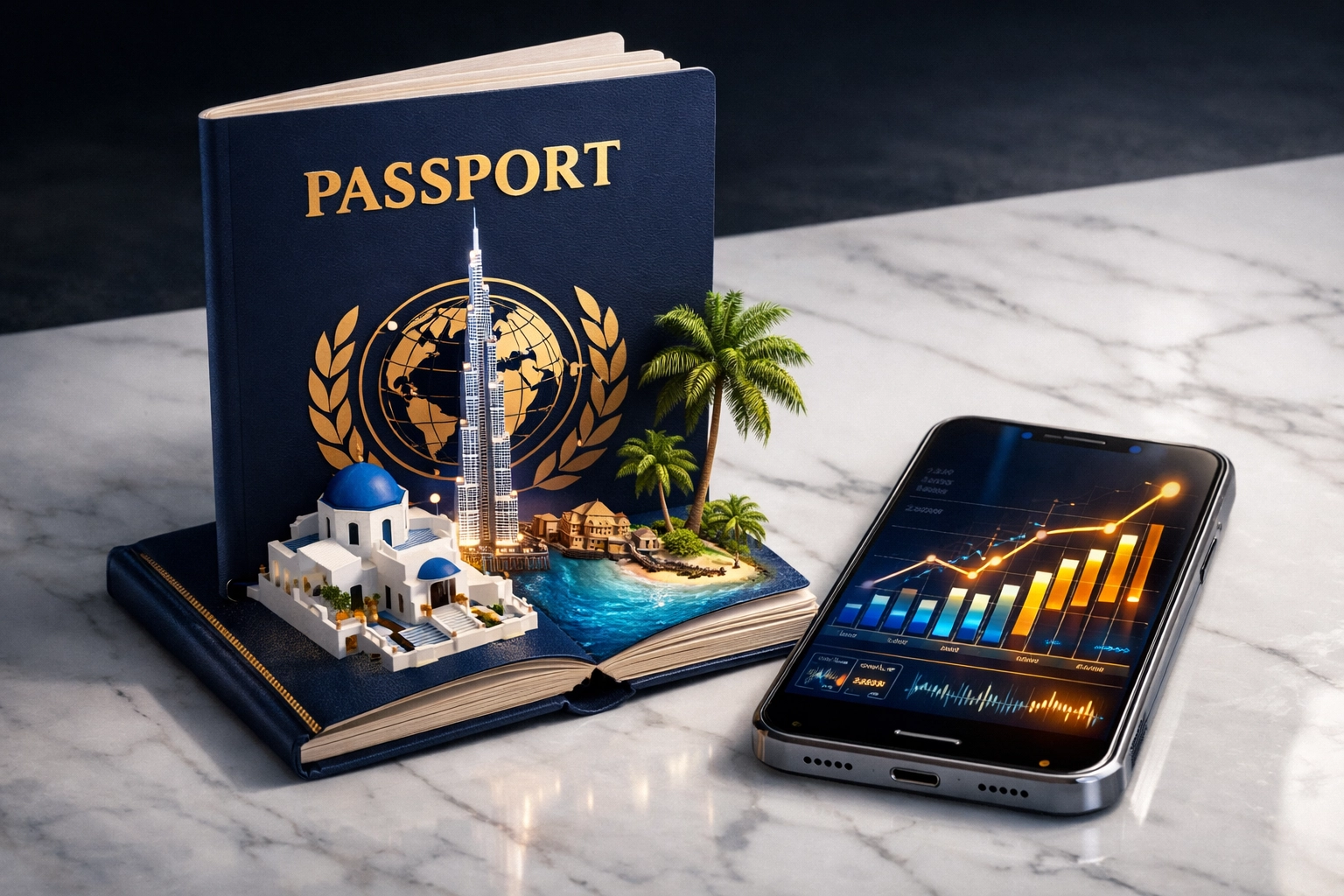 Passport with global icons and financial charts showing international tax reporting and FBAR.
