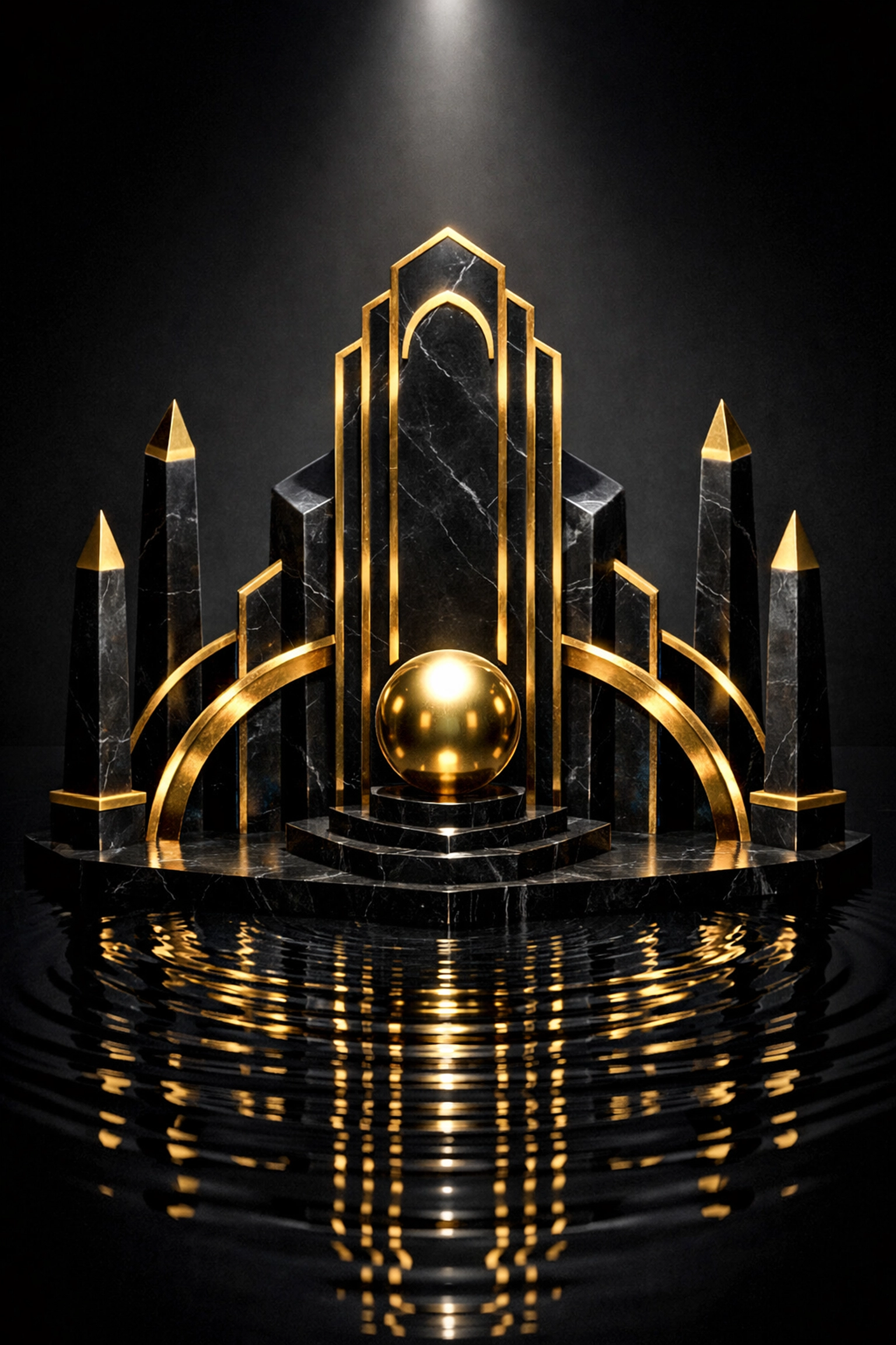 Art Deco black marble pillars in dark water, echoing the ritualistic style of the Ceremonials album.