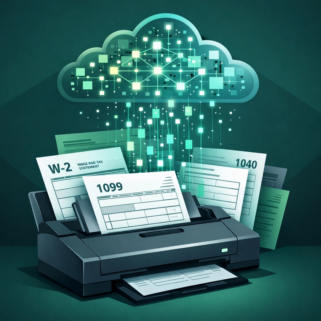 Illustration of W-2 and 1099 tax forms being scanned into a digital system for accurate income reporting.