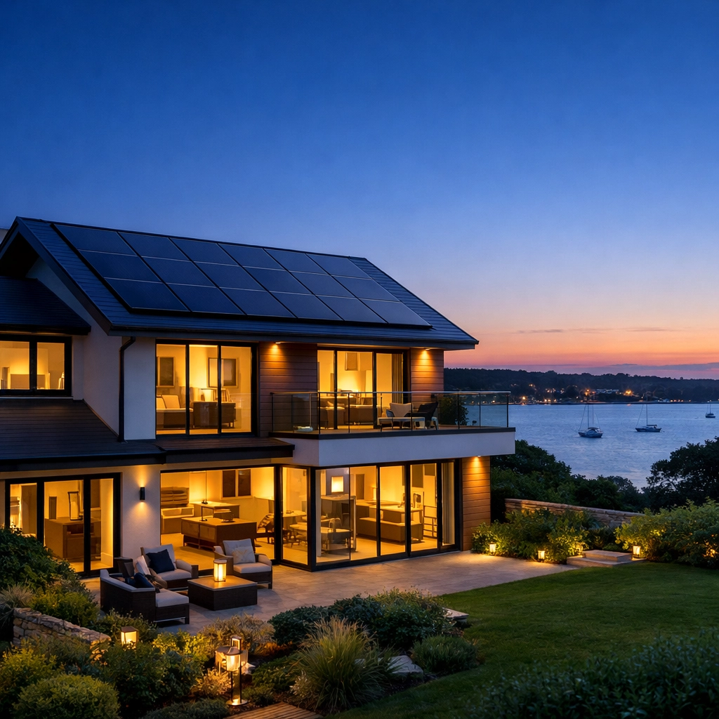 Modern coastal home in Poole using solar energy stored in batteries during twilight hours.