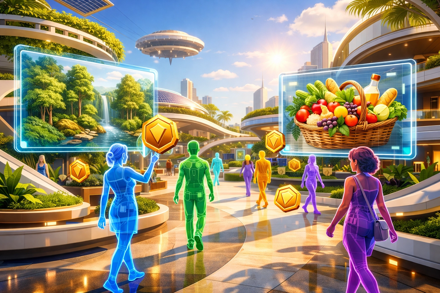 Interactive metaverse hub showing virtual forests and social impact stats from Larecoin transactions.