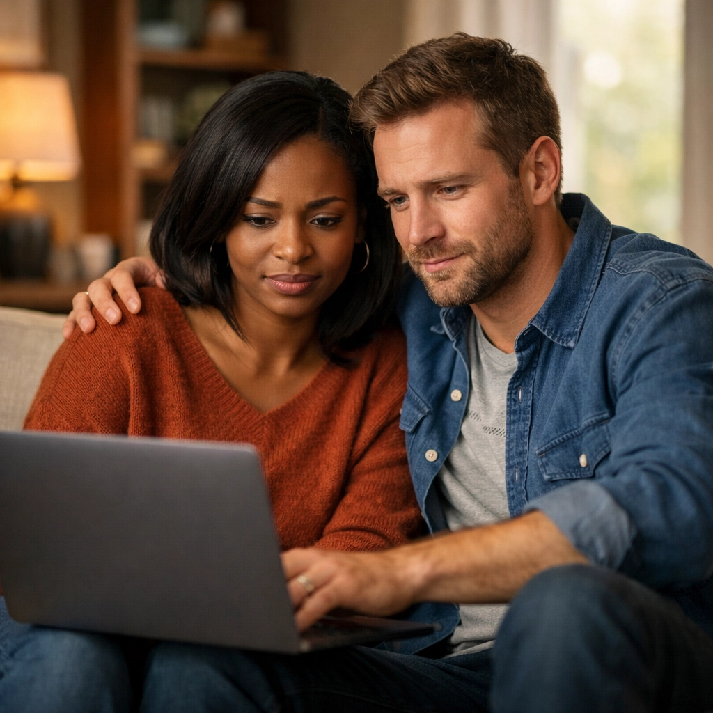 Couple researching lifestyle cruise booking options with privacy concerns