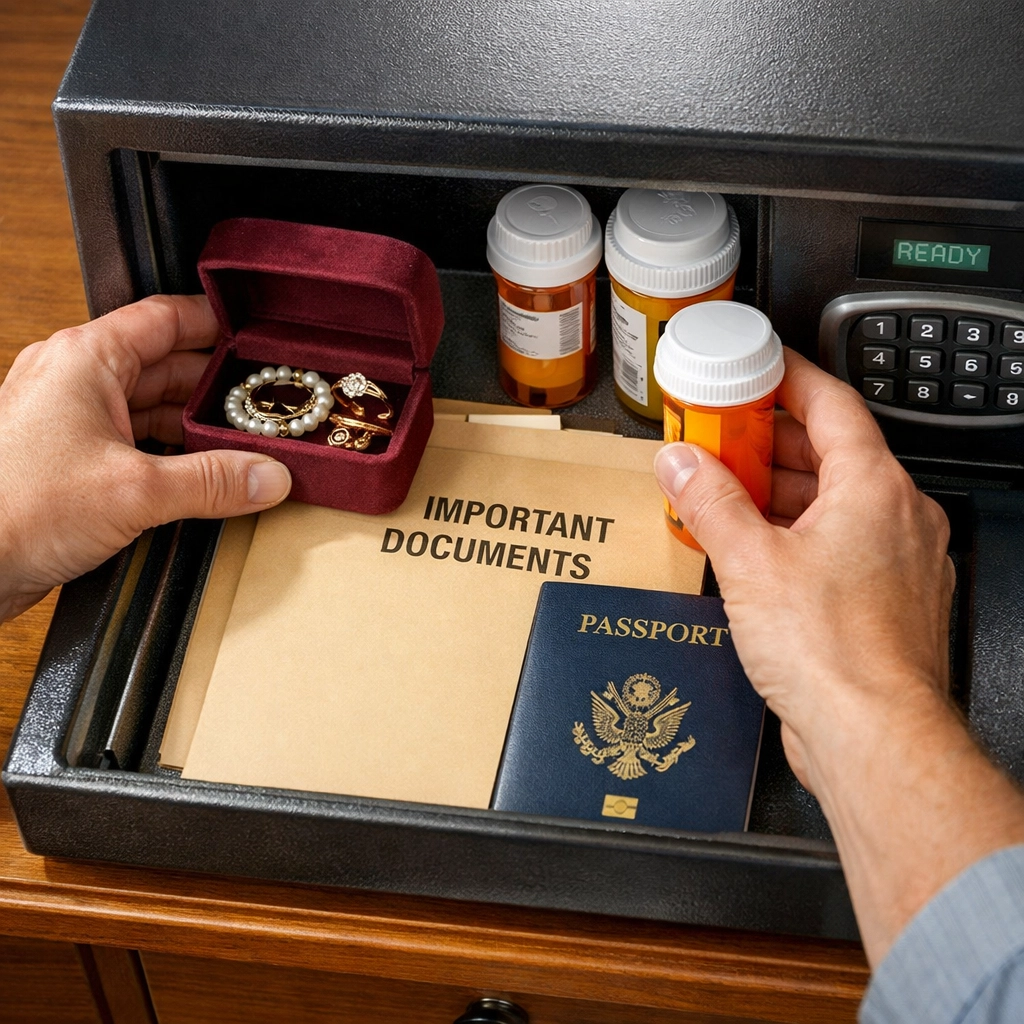 Homeowner placing valuables and documents into home safe before real estate showing