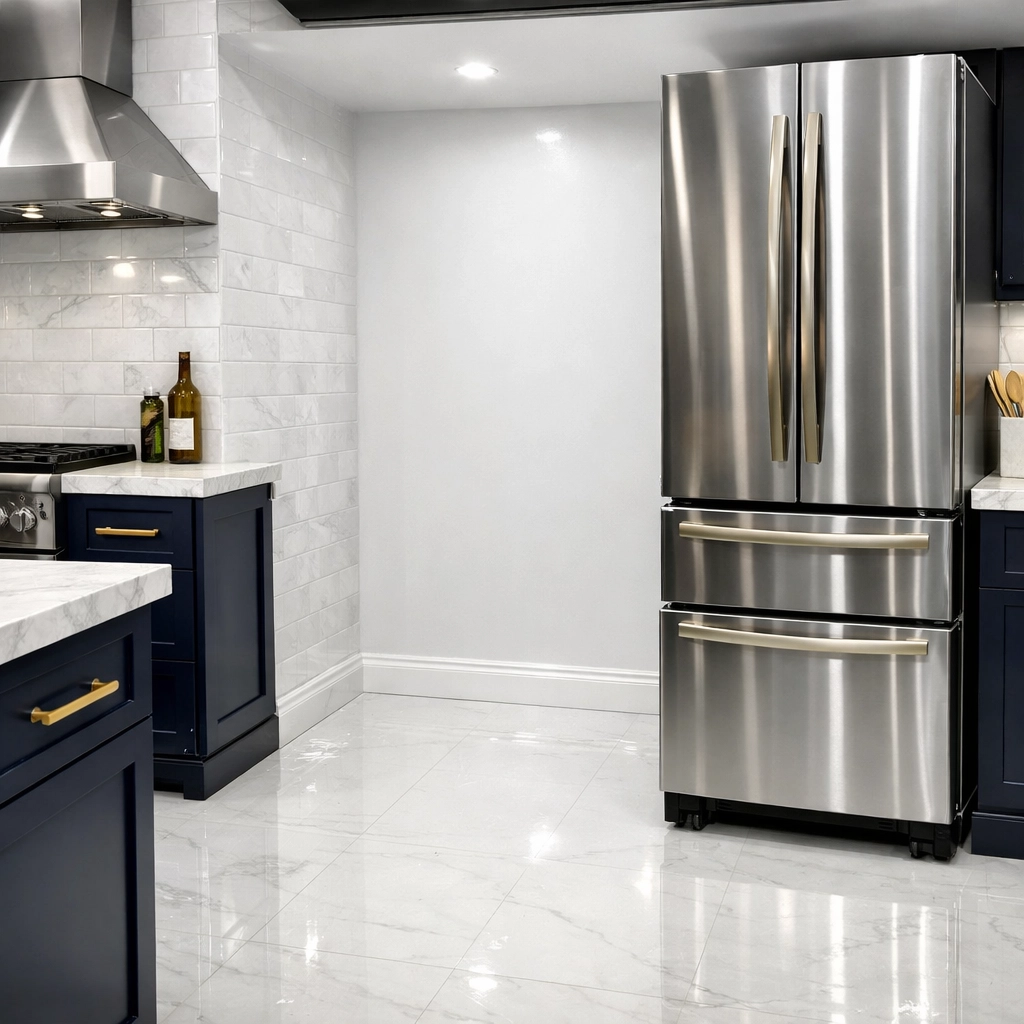 Spotless kitchen with a moved refrigerator showing thorough results of move-out cleaning Worcester MA.