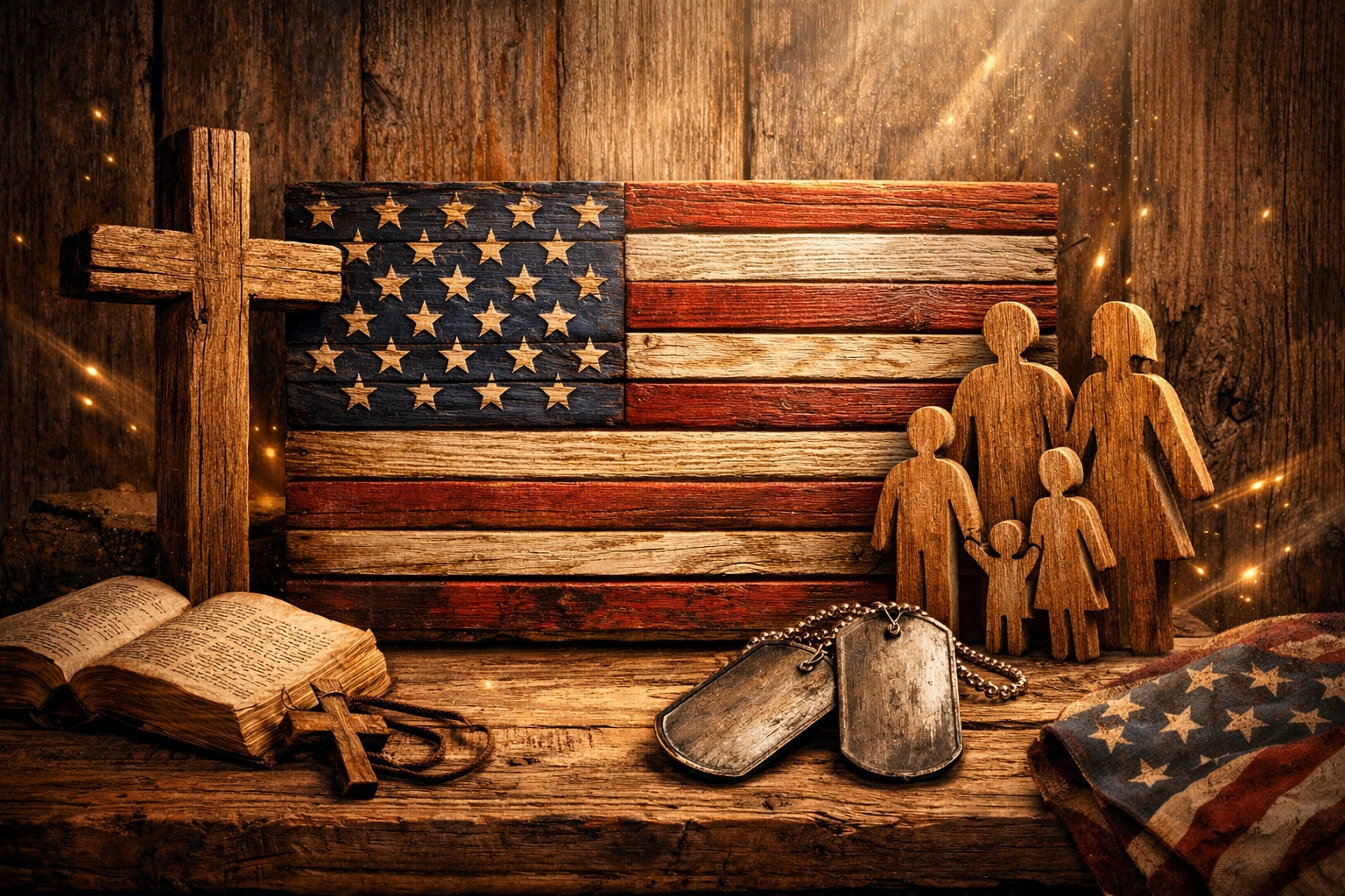 Wooden American flag with cross and family symbols representing God Family Country values