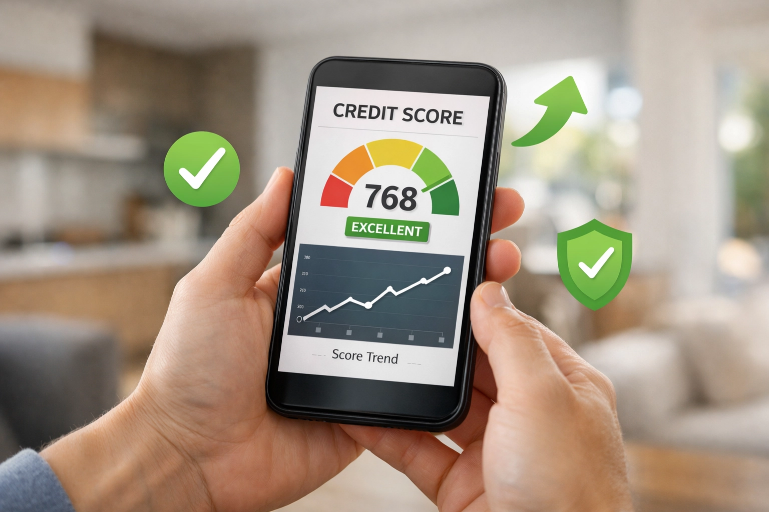 Smartphone showing improved credit score for home loan refinancing eligibility