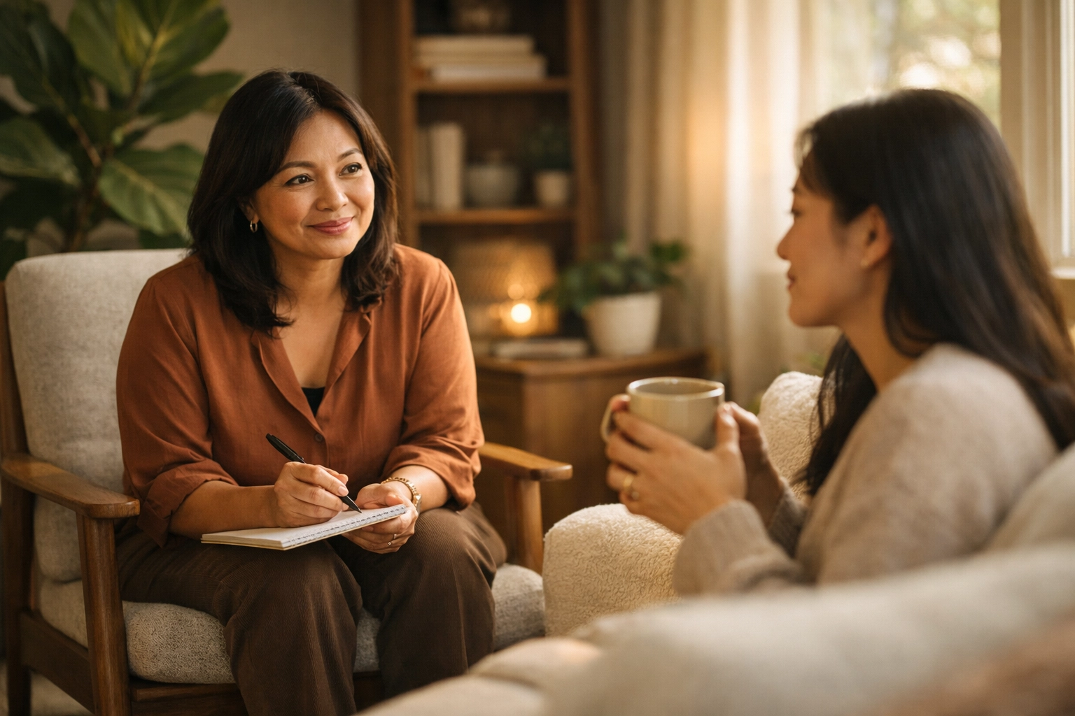 Filipino therapist and client in a warm office, practicing emotional regulation for complex trauma therapy.