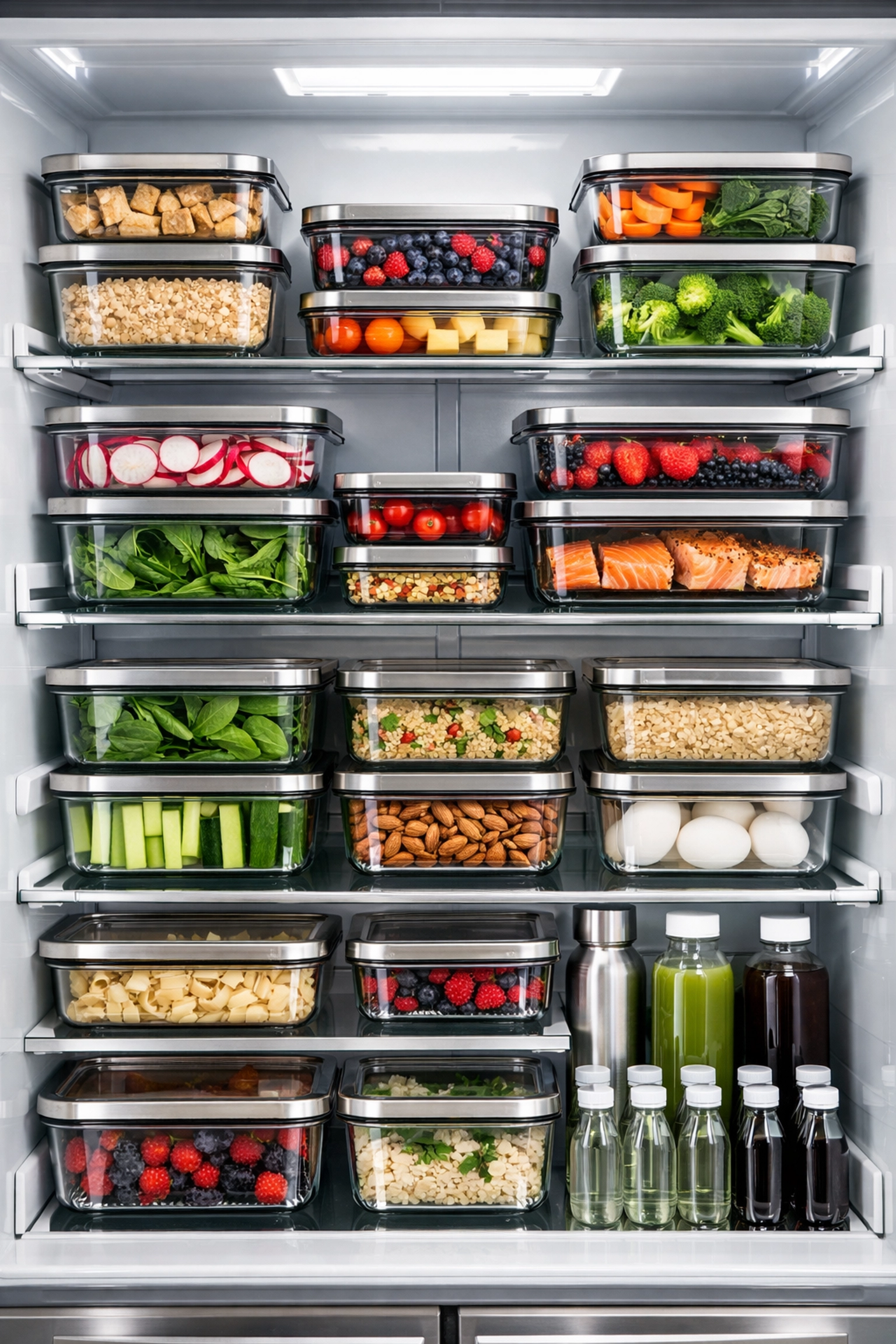 Organized refrigerator stocked with vacuum-sealed glass containers for efficient weekly meal prep.