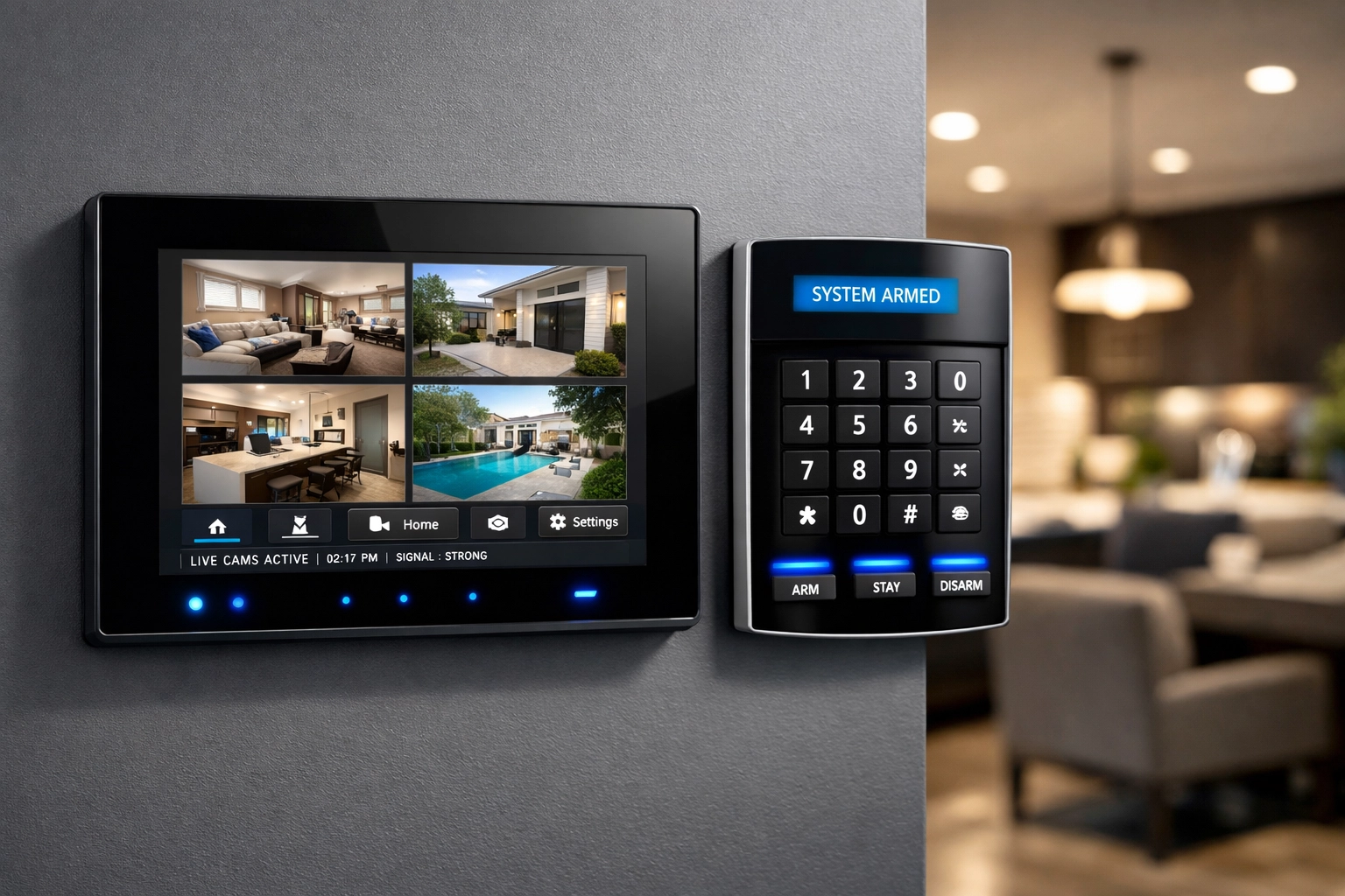Modern security control panel with surveillance camera feeds in Medellin luxury rental