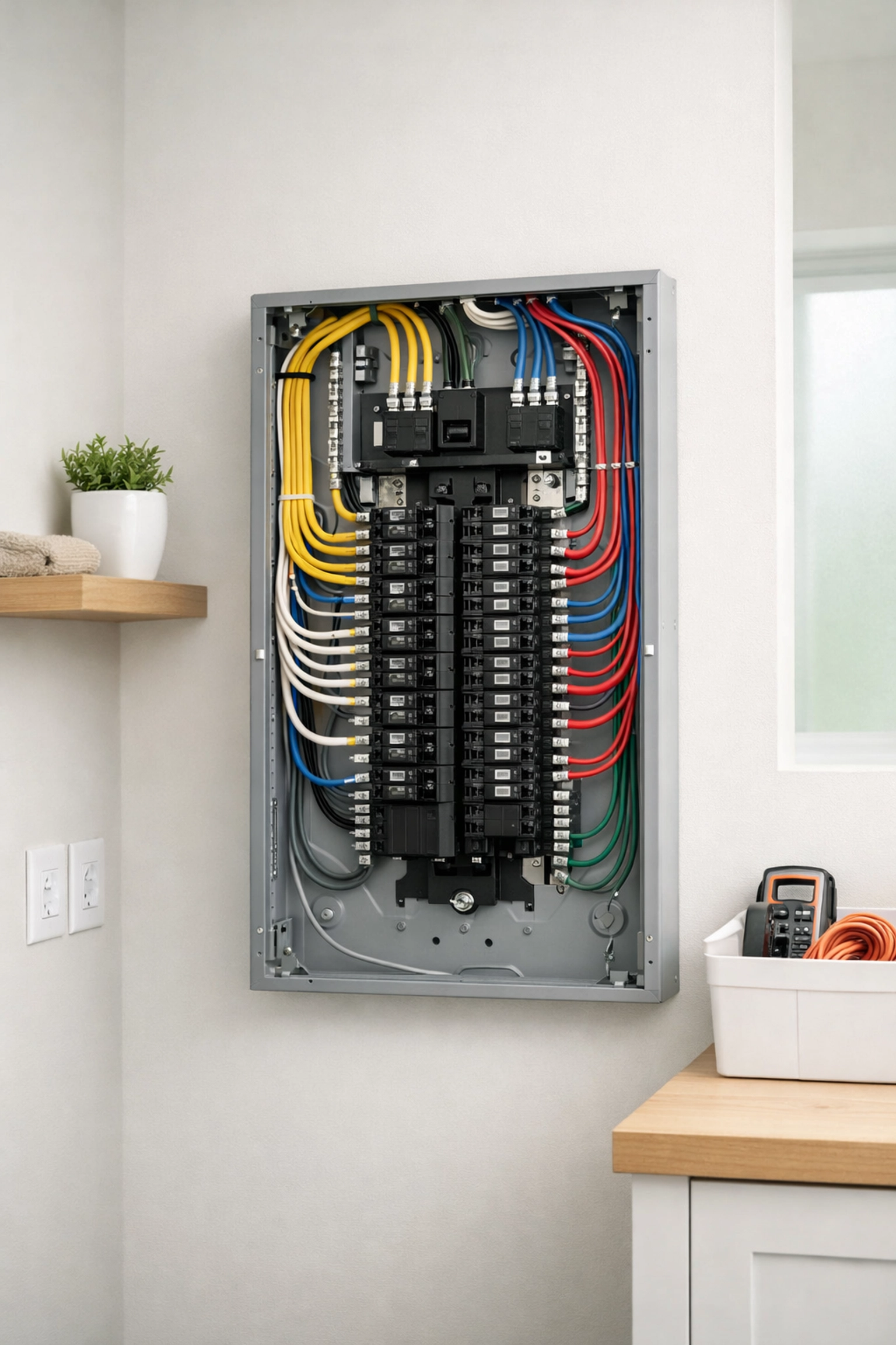 A professionally installed, organized electrical panel by an electrician in Portland Maine.