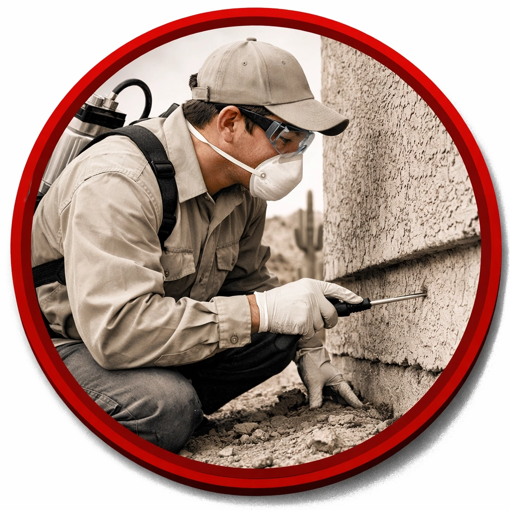 Coolidge AZ exterminator inspecting home foundation for pest entry points