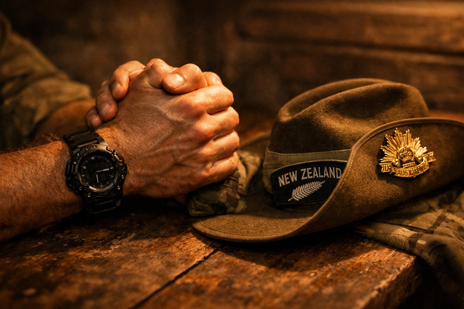 Close-up of soldiers holding hands near a New Zealand military uniform and slouch hat, highlighting MM romance themes.