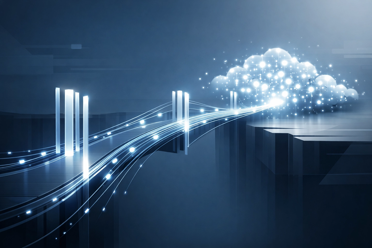 Futuristic digital bridge illustrating a secure cloud migration path for small business data.