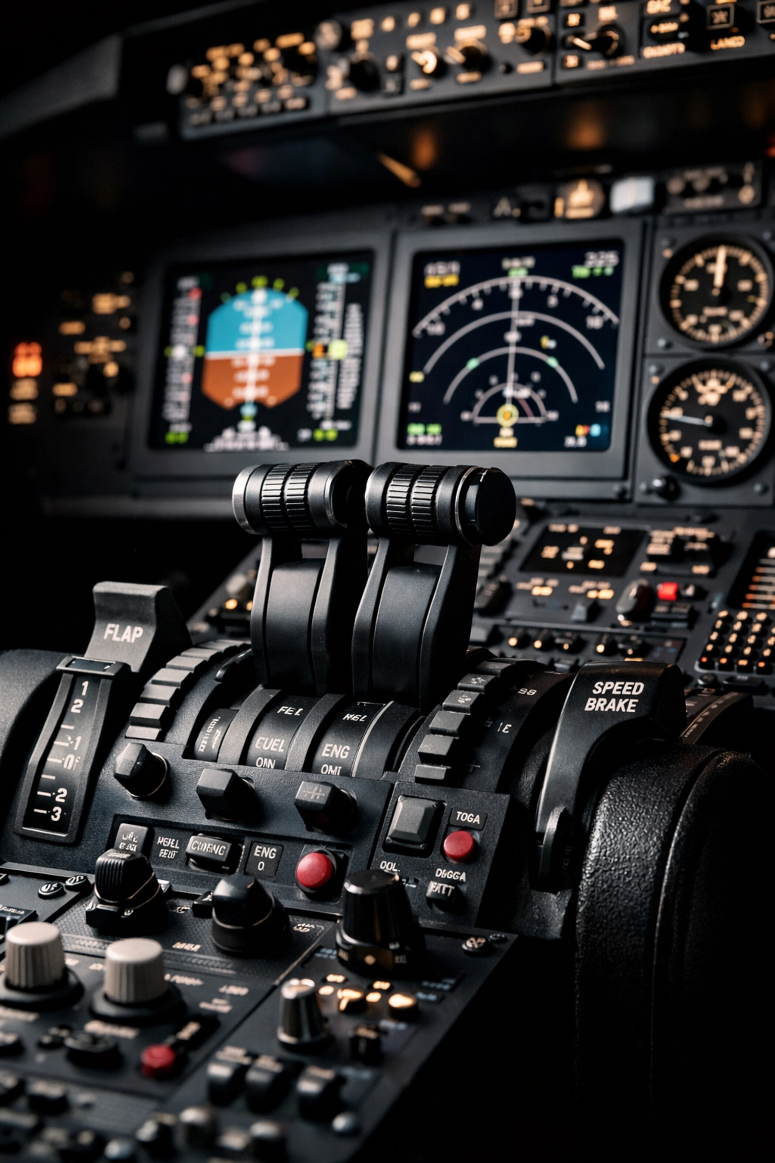 Flight simulator cockpit controls and instrument panel close up view