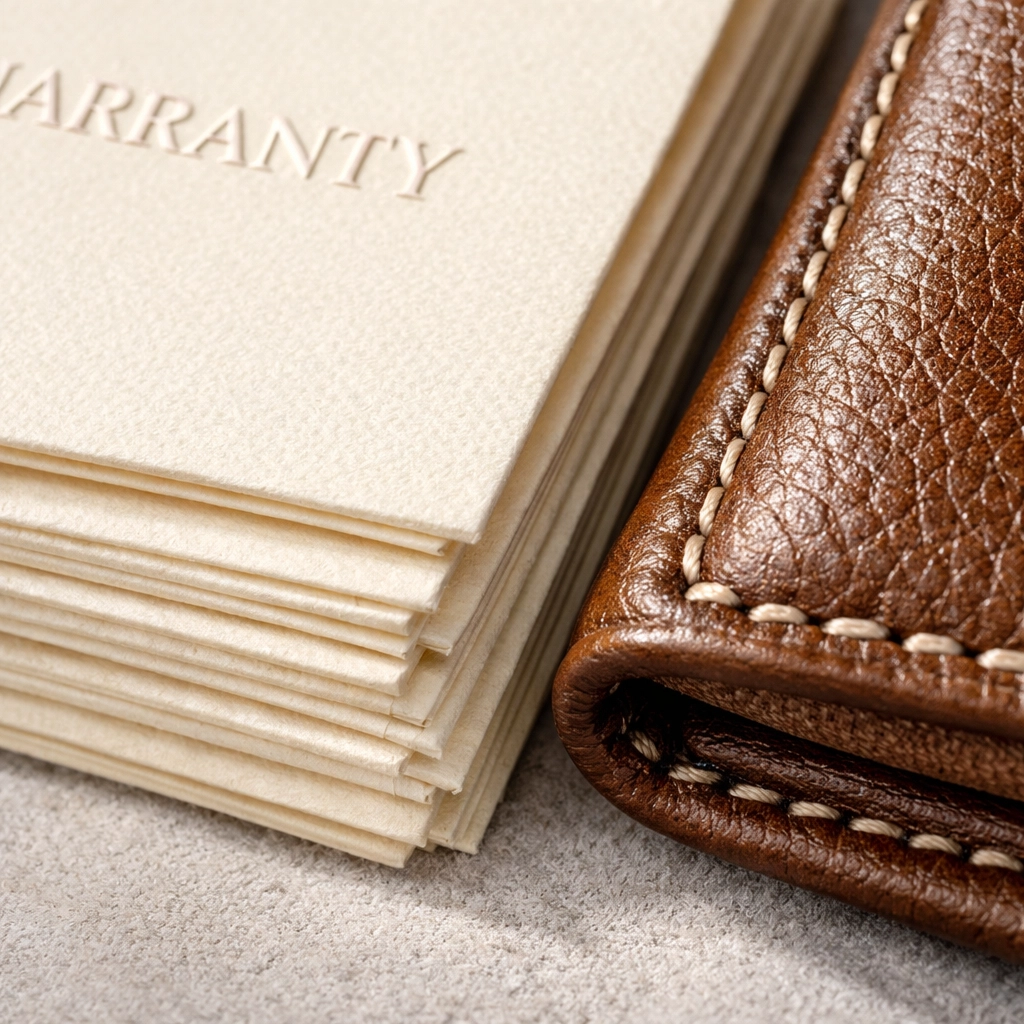 Detailed macro view of a luxury watch full set with original warranty folders and leather document holder.