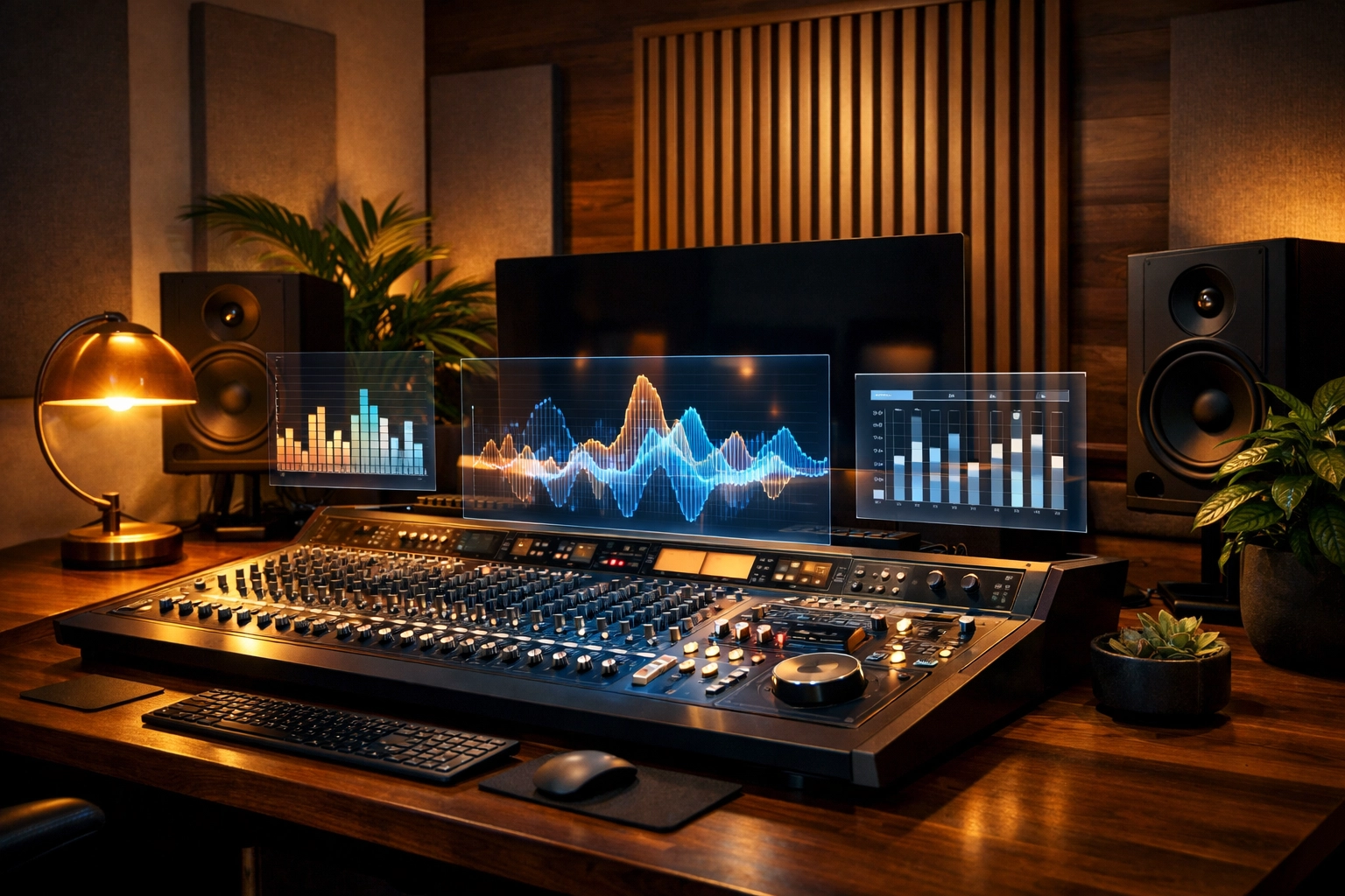 A modern home recording studio with a mixing console and holographic interfaces for AI music production.