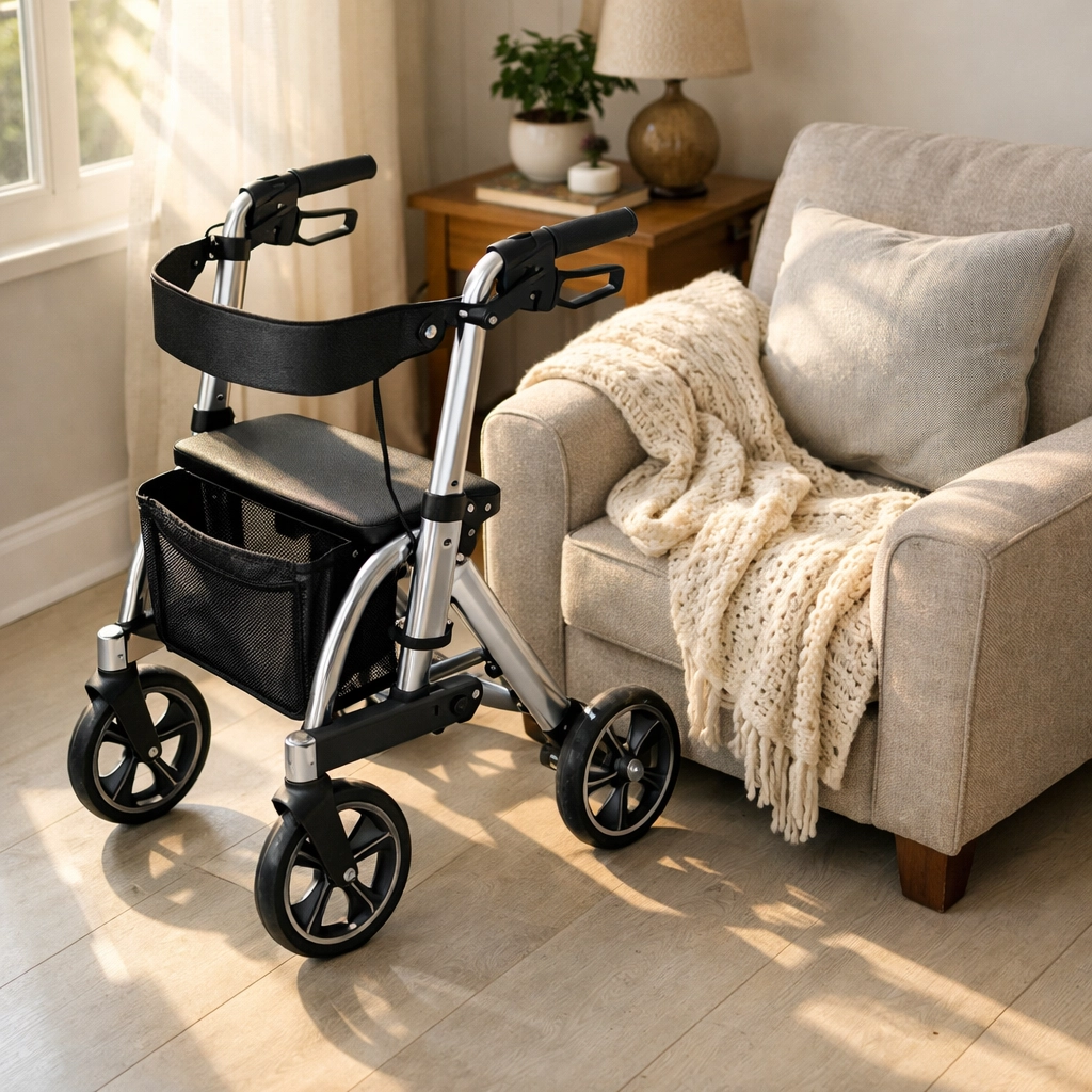 A modern silver rollator walker in a bright living room, providing mobility support and fall prevention.