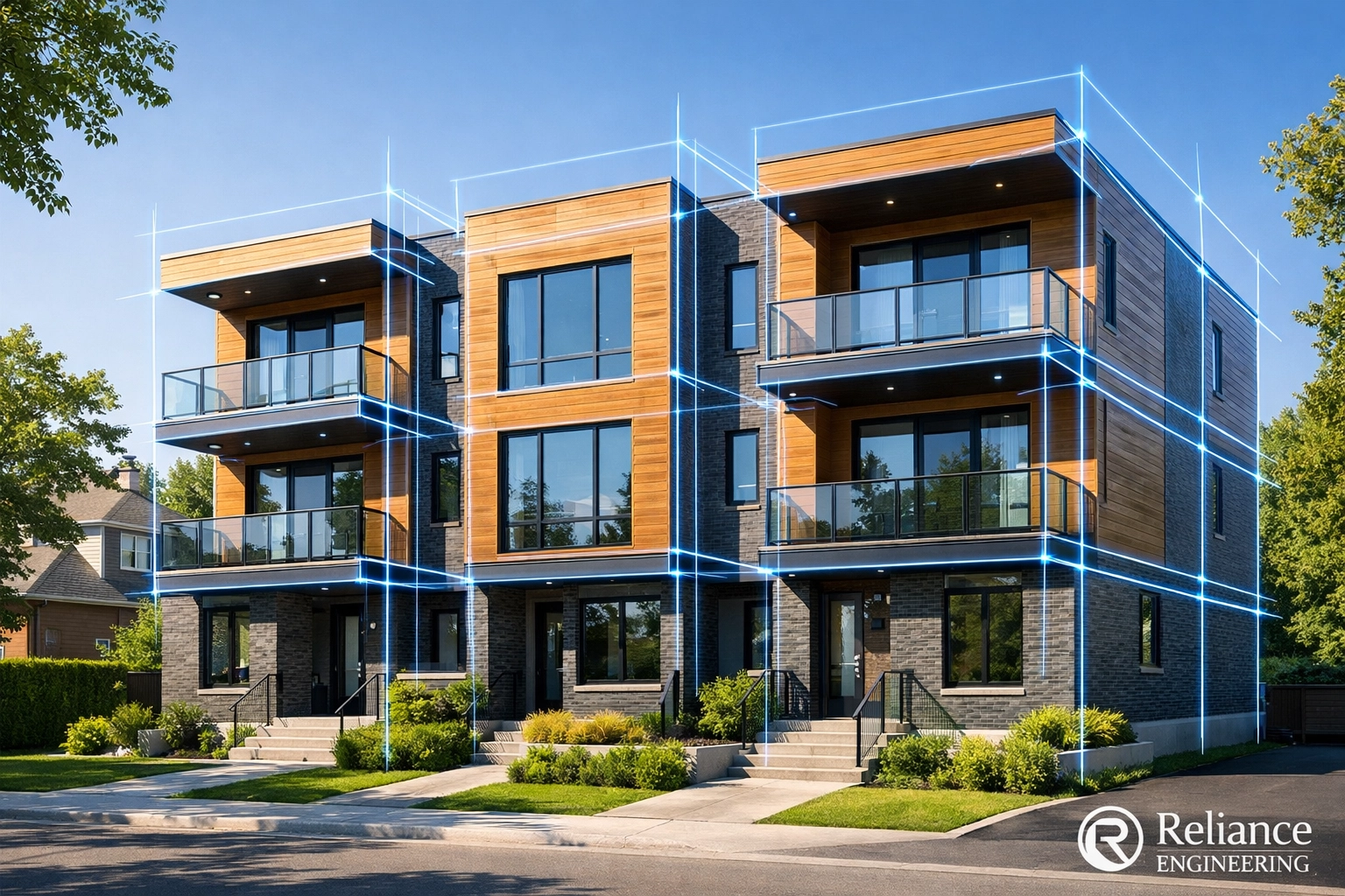 Modern Ontario fourplex design illustrating architectural engineering for missing middle housing density.