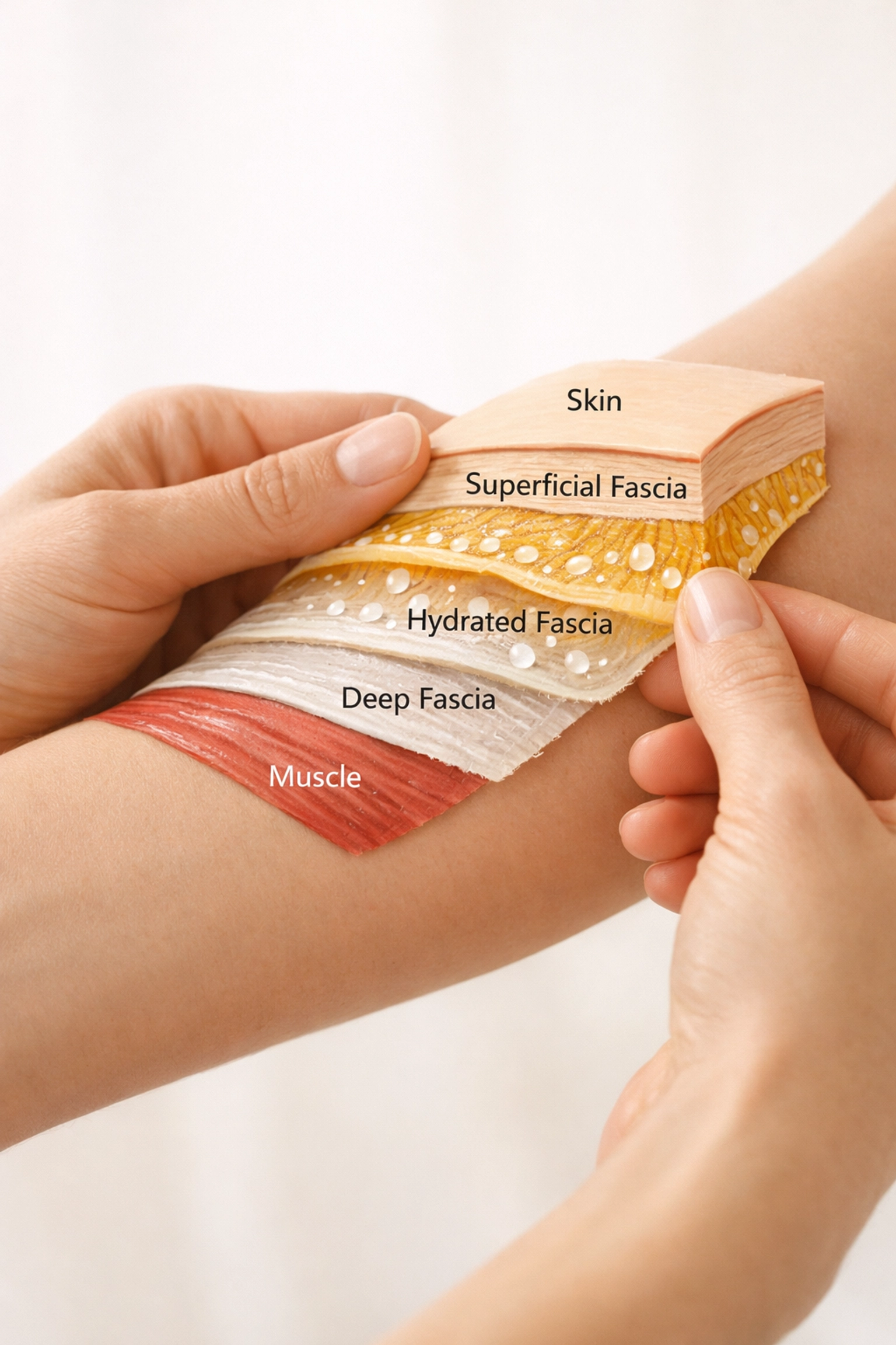 Hands demonstrating fascial tissue areas for snow mushroom polysaccharide injection therapy