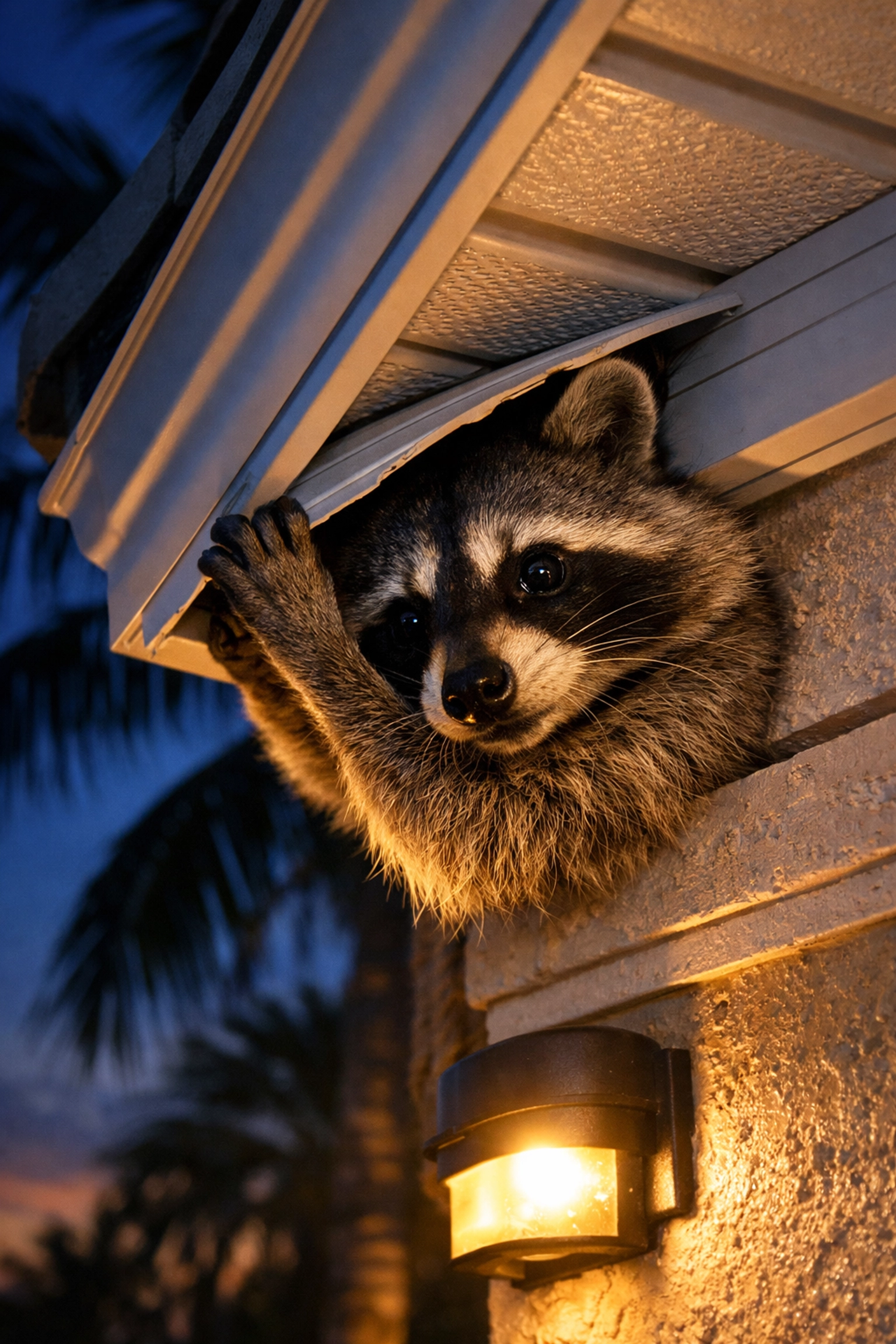 Raccoon entering roof soffit at a Naples home requiring professional wildlife removal services.