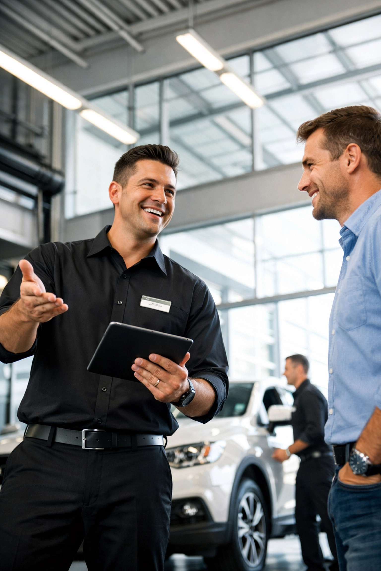Service advisor consulting with customer using tablet in modern dealership service drive