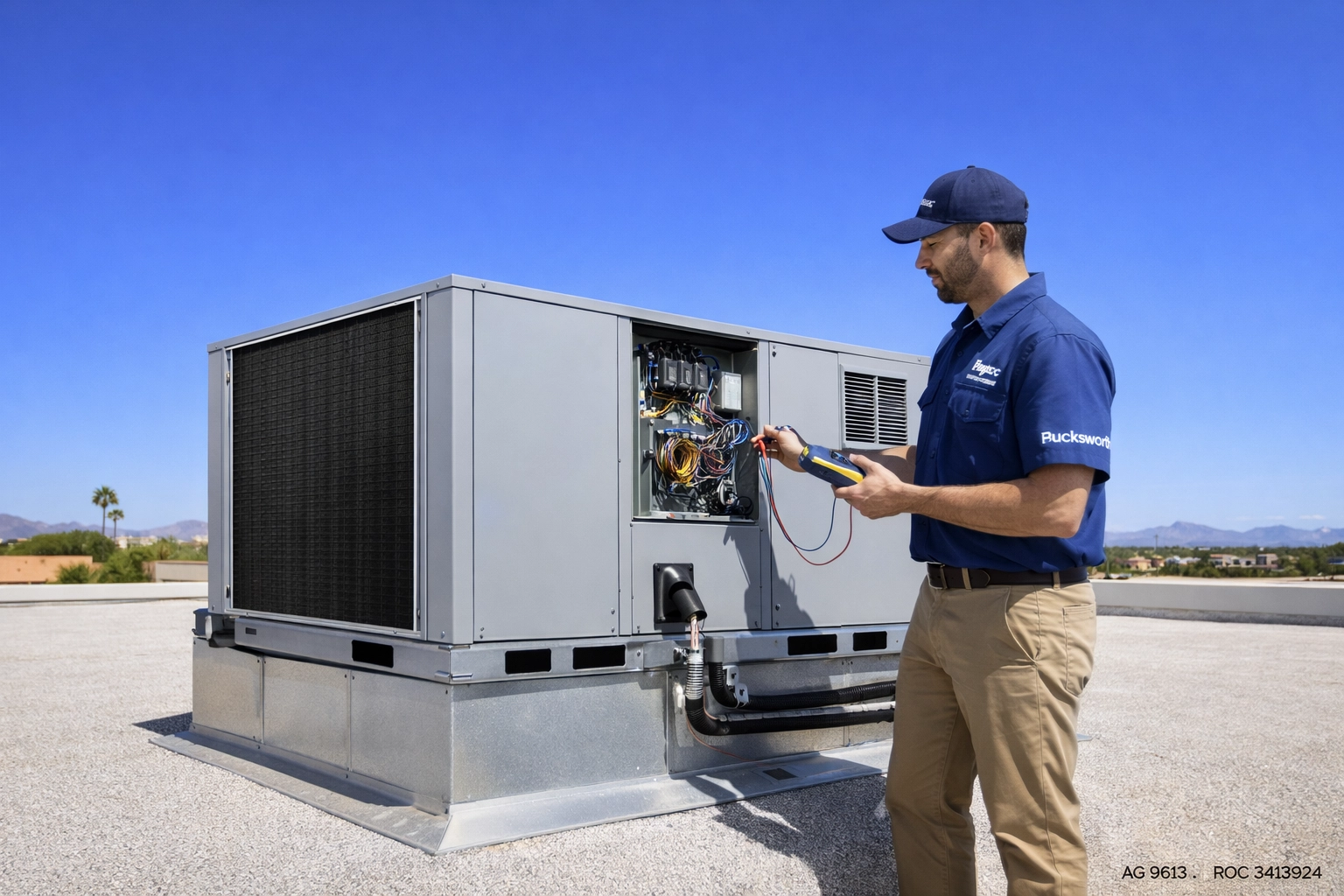 Well-maintained rooftop HVAC unit on a Sun City home providing reliable cooling in the Arizona heat.