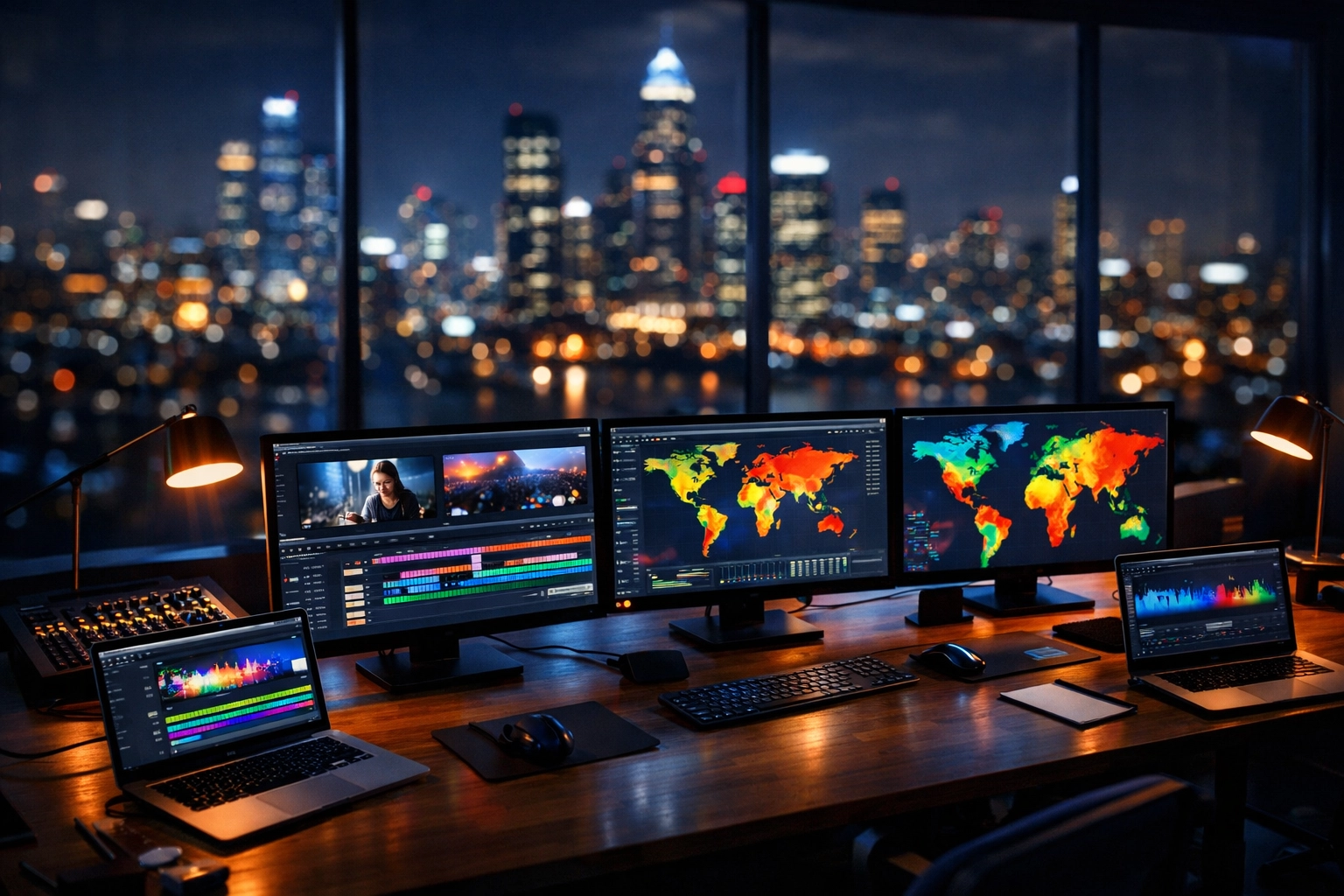 Modern global media production studio with monitors displaying digital assets for global brand scaling.
