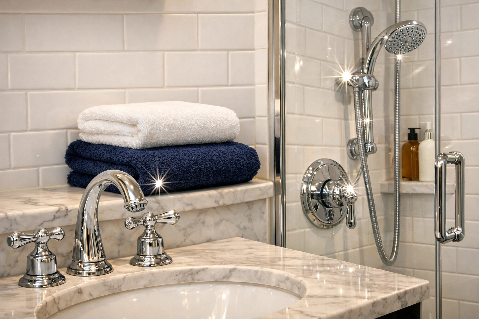 Sparkling clean bathroom vanity and shower tiles in a Leominster home after a professional deep cleaning service.