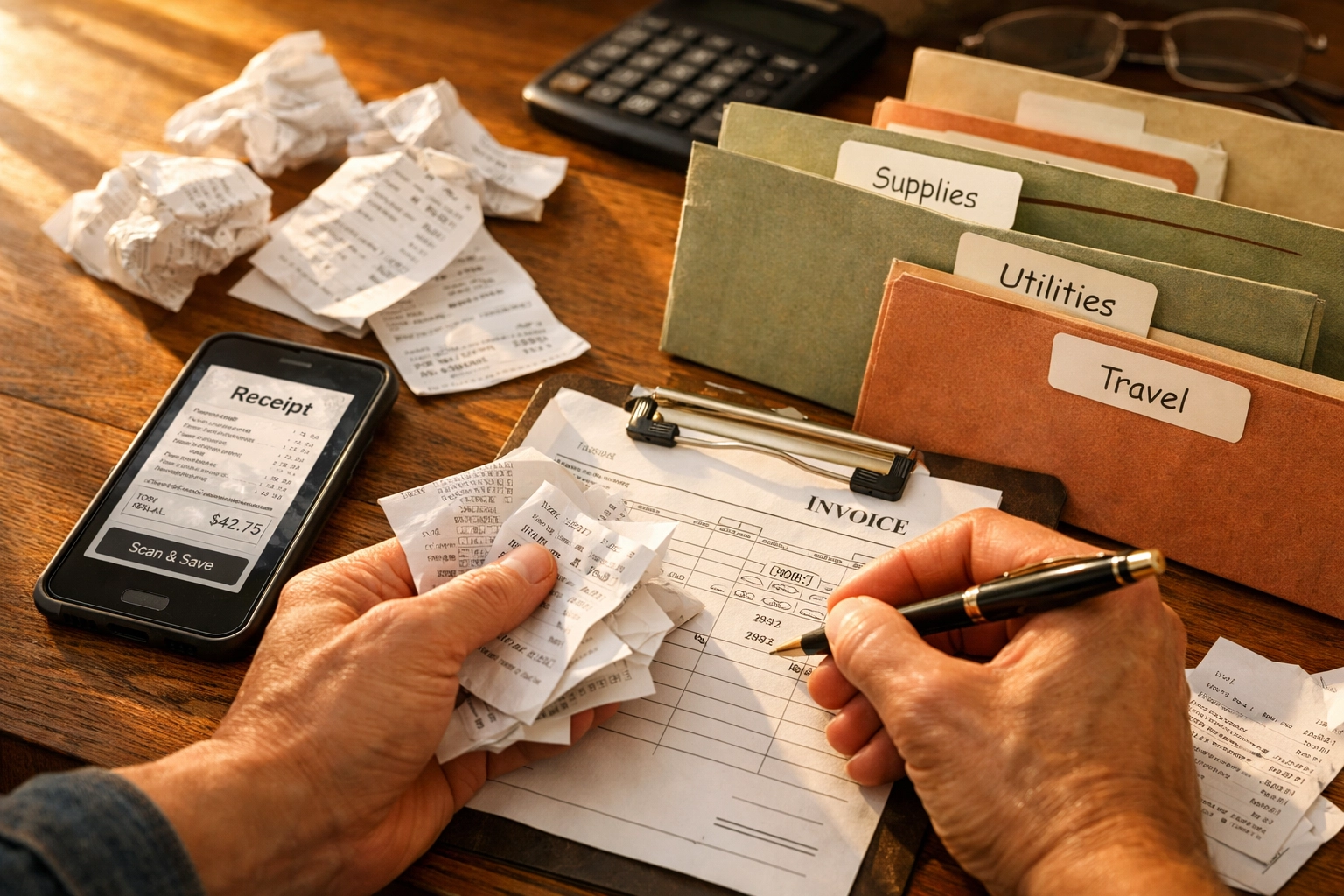 Small business owner organizing receipts and invoices for proper expense documentation and bookkeeping