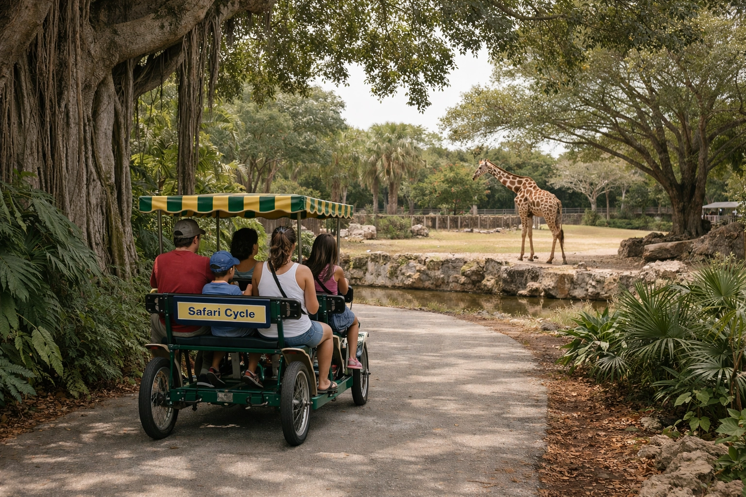 Visitors riding a Safari Cycle past giraffes at Zoo Miami, one of the best fun things to do in Miami.