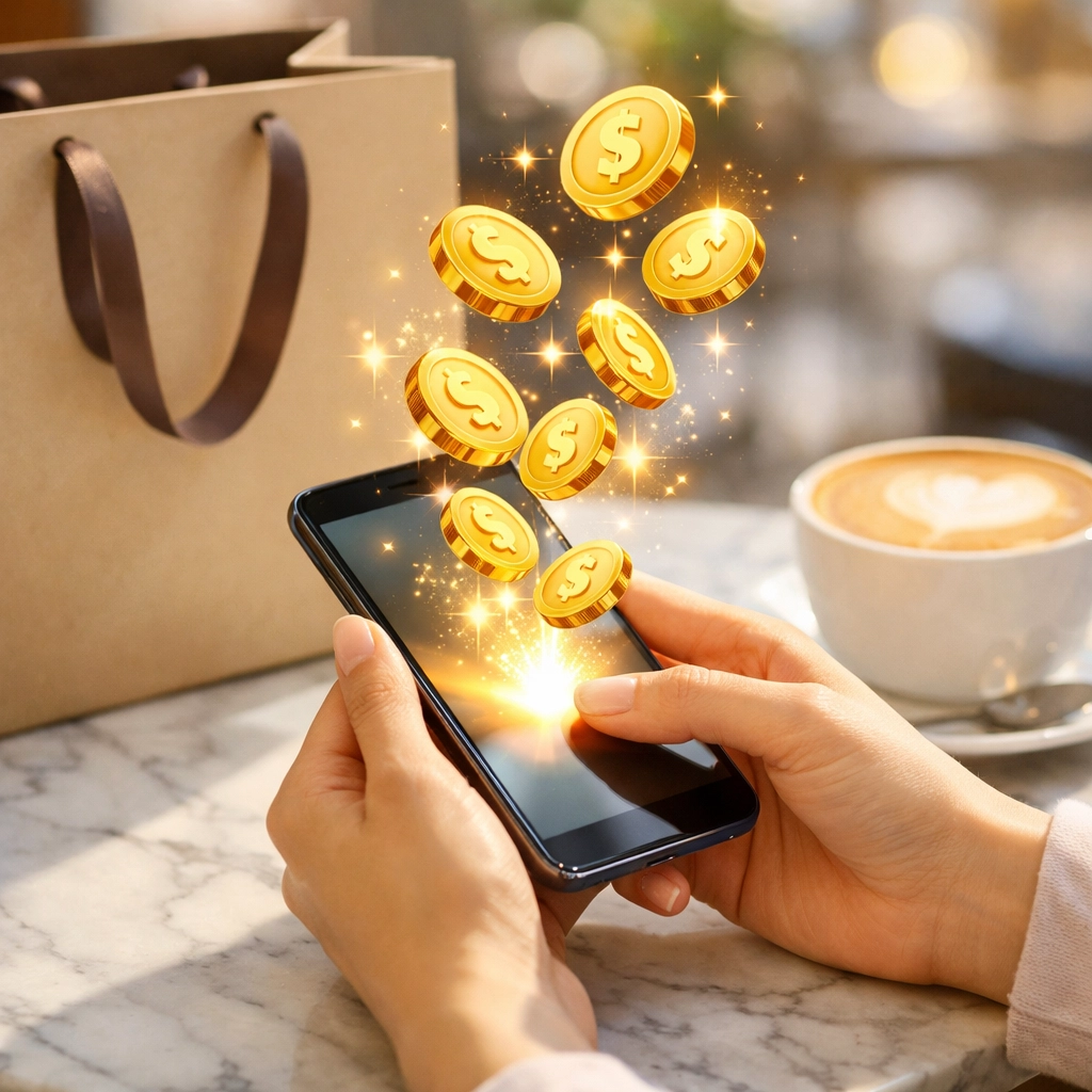 Using a cashback app on a smartphone to earn shopping rewards and digital coins at a cafe.
