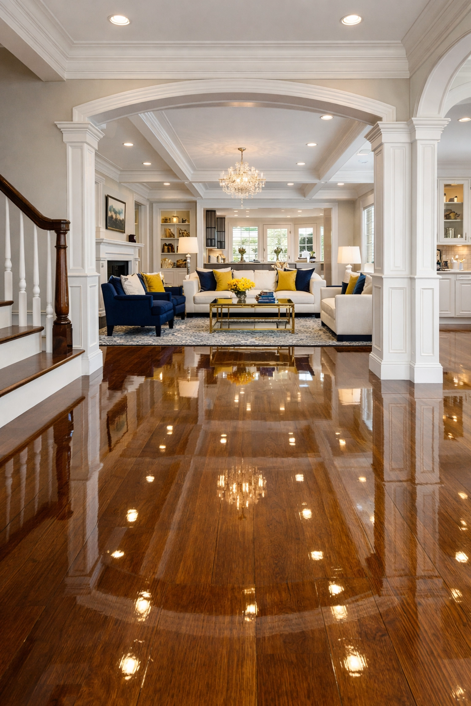 Pristine luxury home interior with gleaming floors after expert house cleaning in Newton MA.