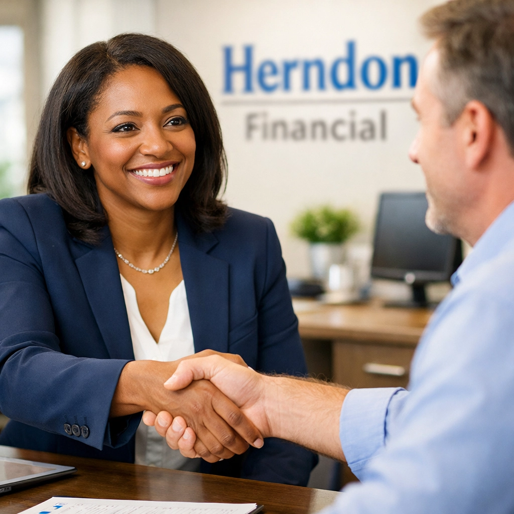 A financial advisor in Herndon shaking hands with a client to start a retirement tax assessment.