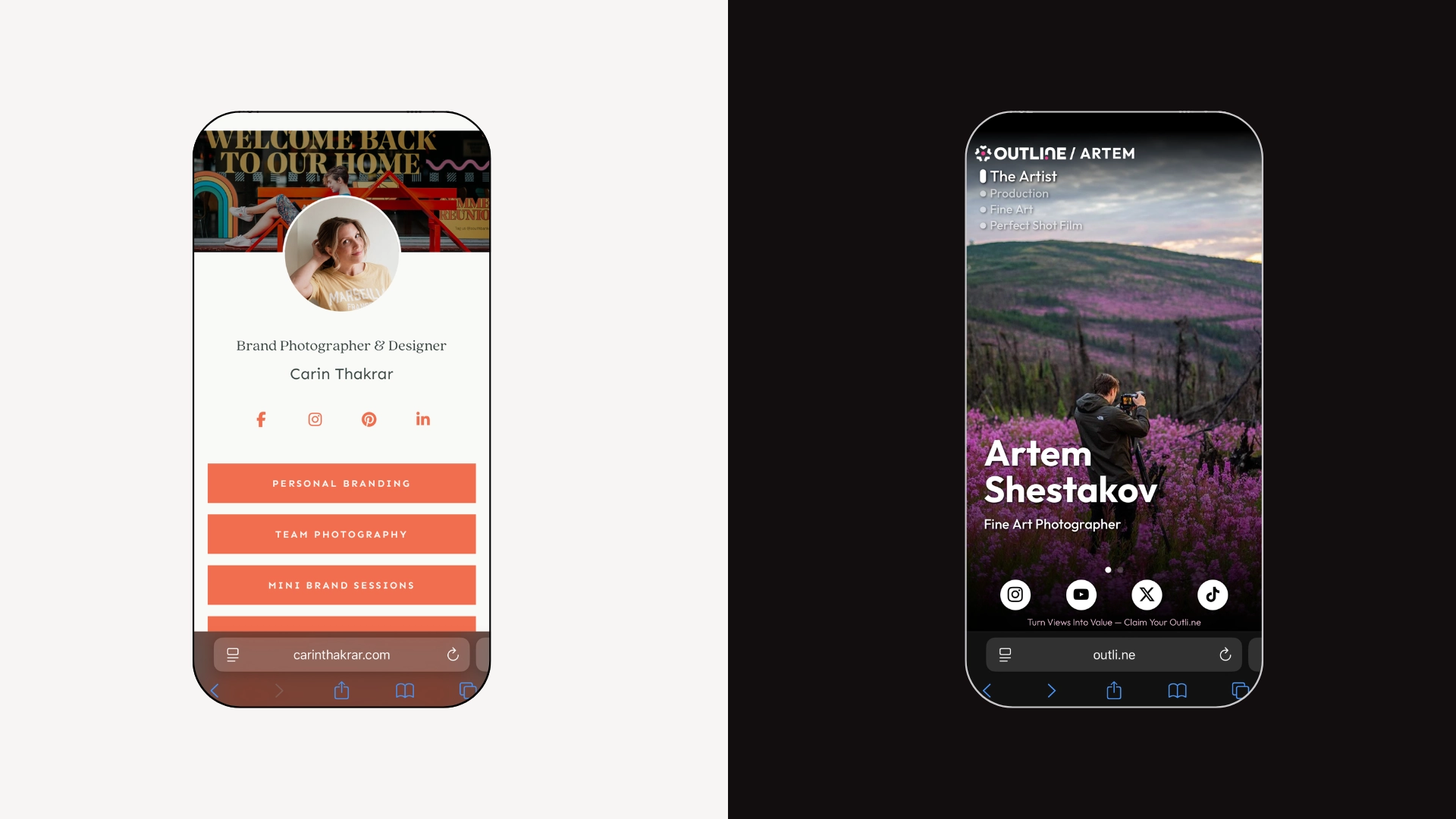 Mobile Portfolio Screens Comparison Side-by-side comparison of two mobile portfolio screens: the left shows a button-based portfolio with social links and service categories, while the right displays an Outli.ne swipeable portfolio with a large visual cover, specialty sections, and prominent booking and social links, highlighting work upfront.