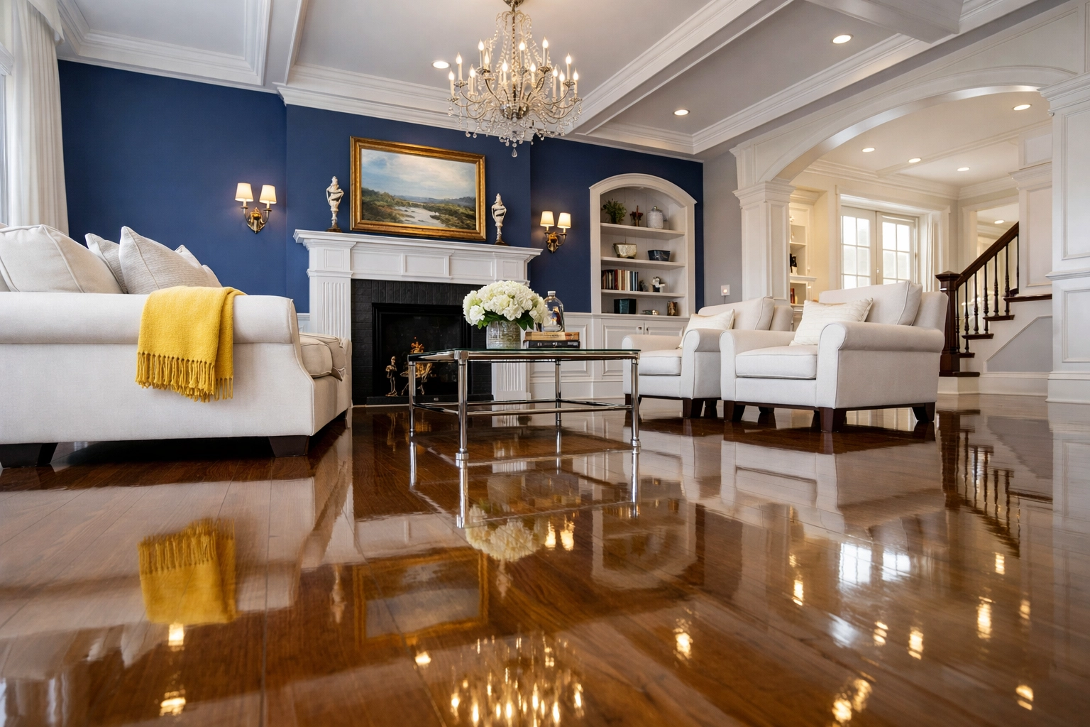 Pristine living room with polished floors maintained by professional cleaners Boylston MA.