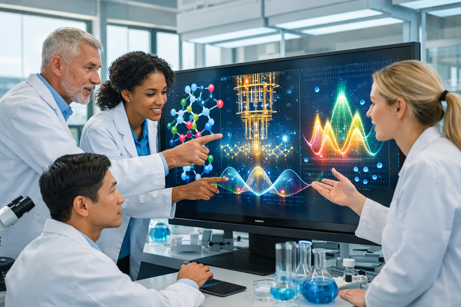 Research team collaborating with AI technology in laboratory