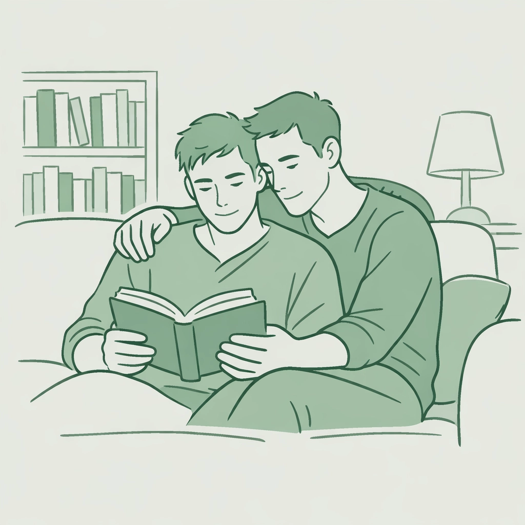 A gay couple reading together on a sofa, capturing the heartfelt intimacy found in modern MM romance novels.
