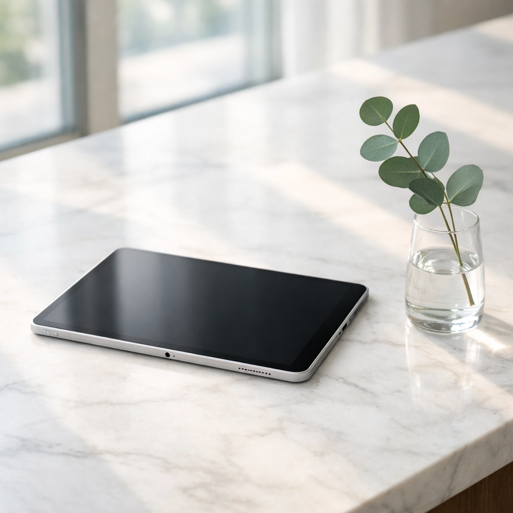 Tablet on a luxury concierge desk displaying a booking engine for real-time inventory synchronization.