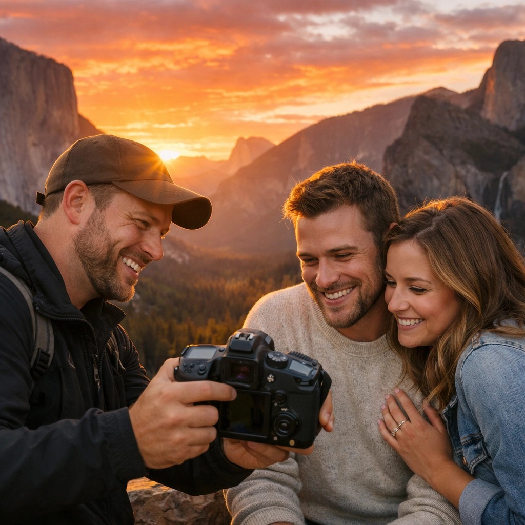 Photographer showing sunset photos to a couple at a National Park overlook to build client connections.