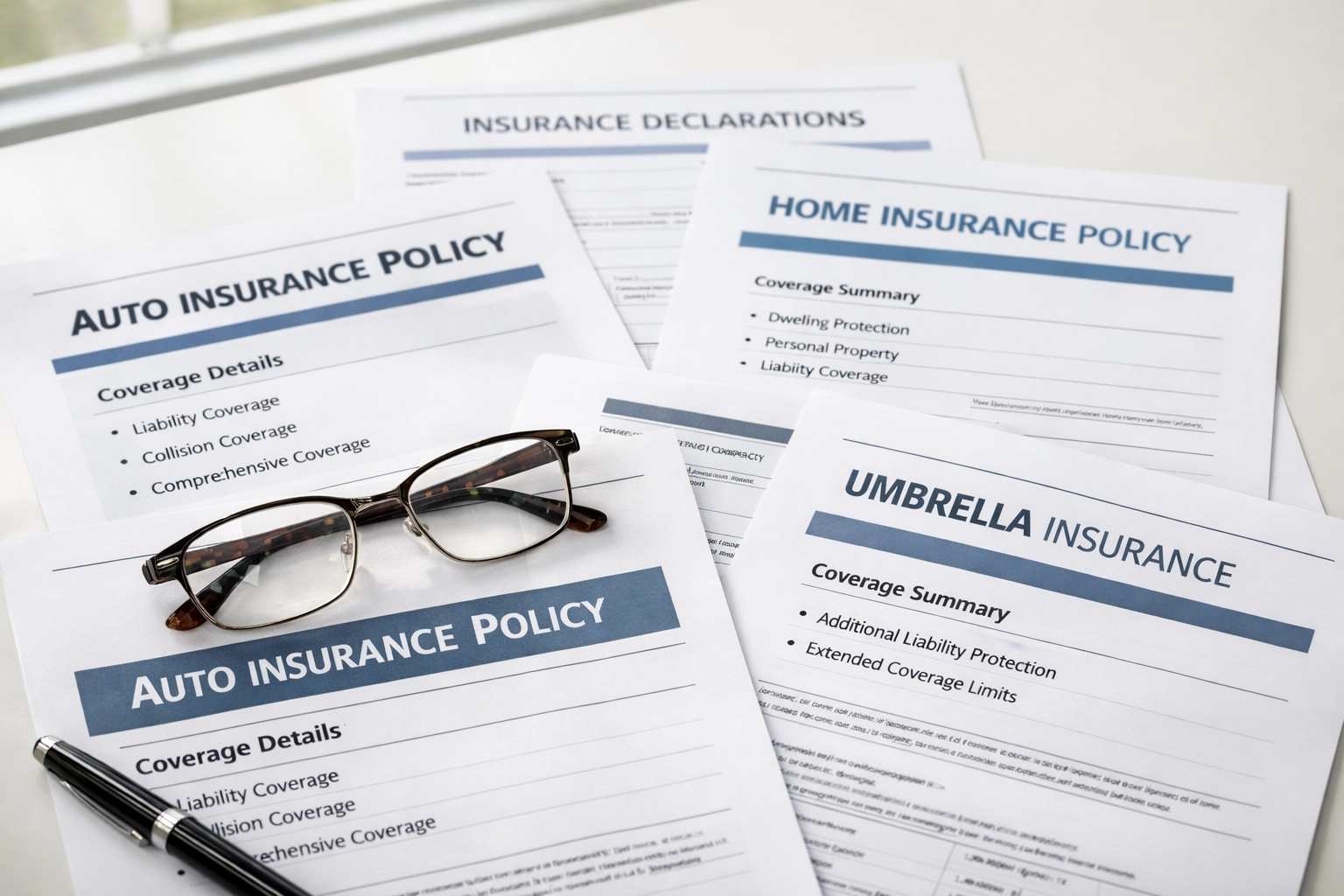 Insurance policy documents showing auto, home, and umbrella coverage requirements in Massachusetts