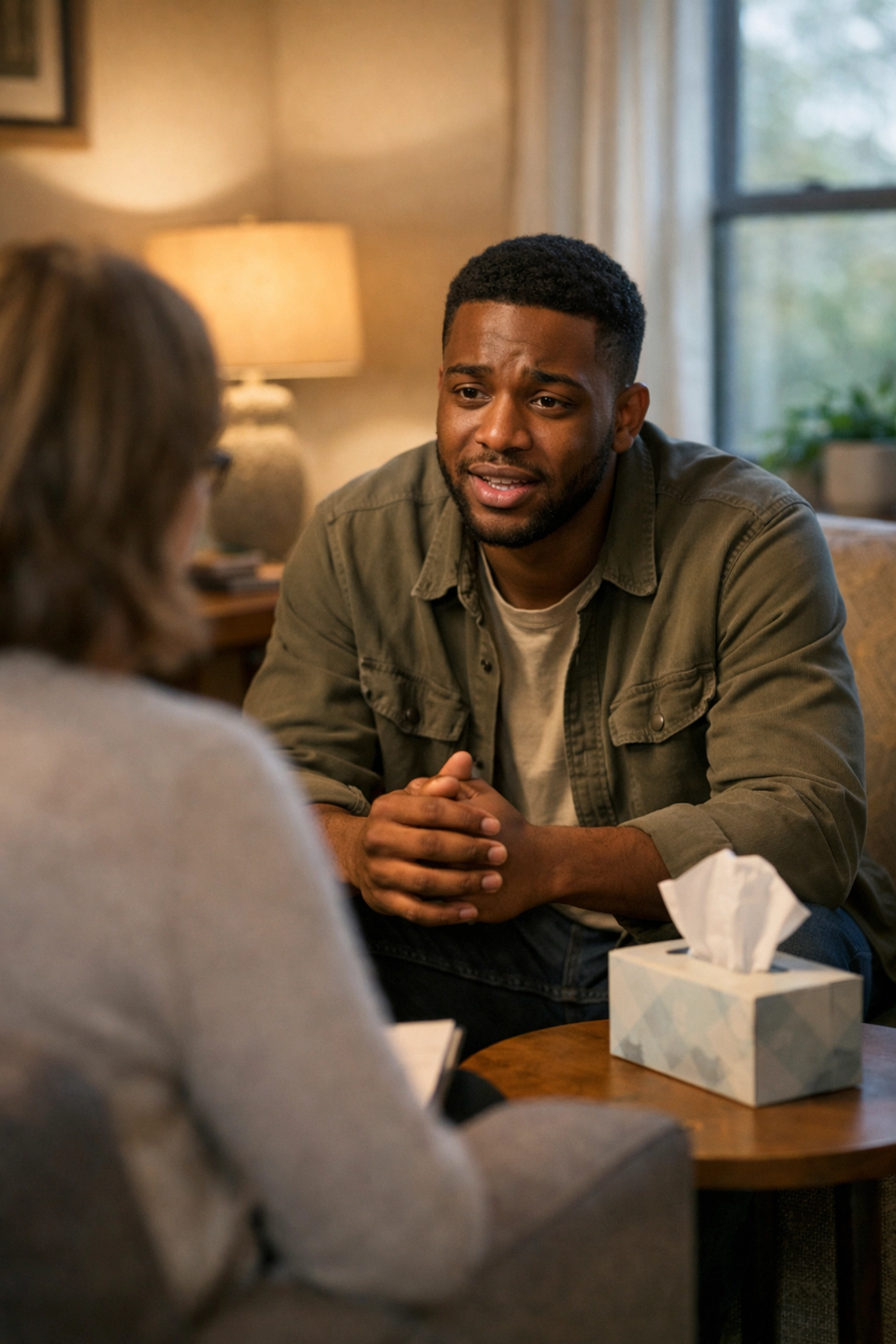 Patient receiving compassionate mental health counseling during therapy session