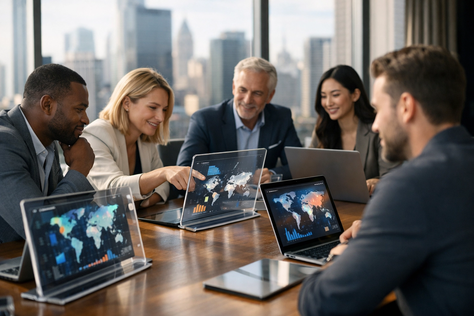 Strategic team meeting at Dakdan Worldwide discussing innovation for a global sports advertising network.