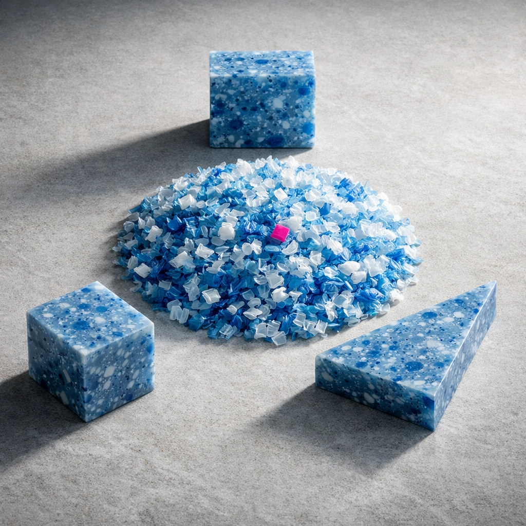 Shredded Australian plastic waste transformed into recycled manufacturing blocks for a circular economy.