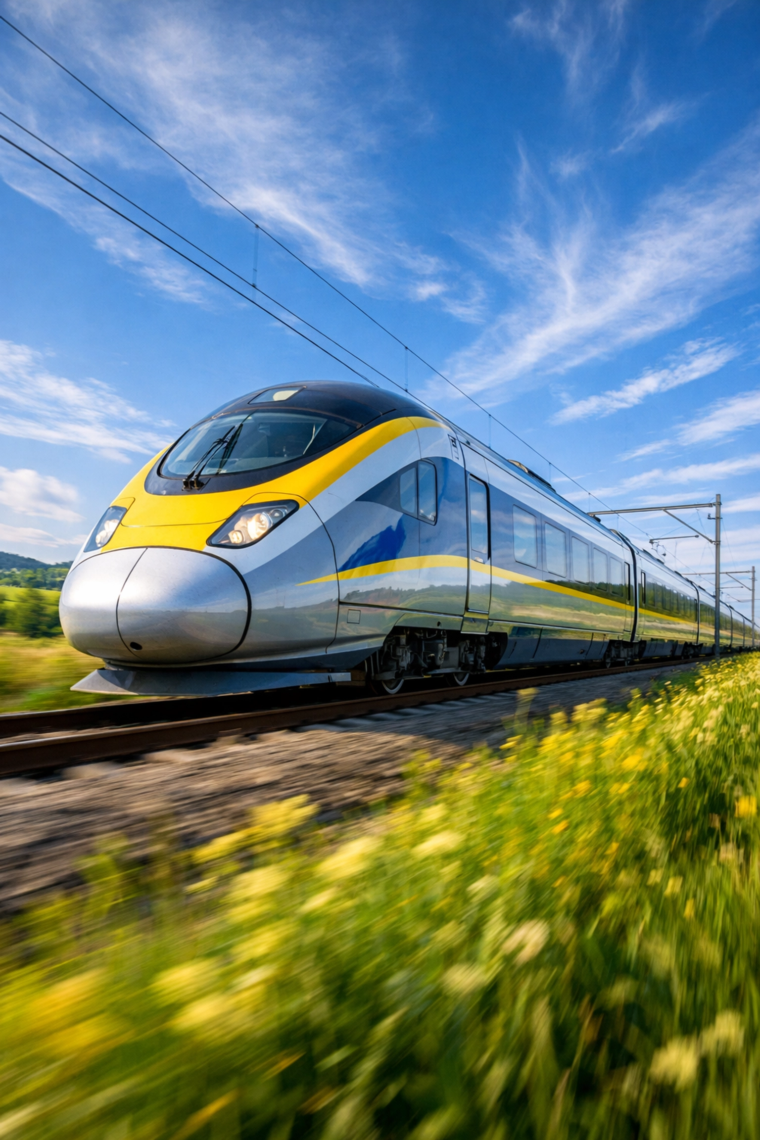 High-speed train traveling through European countryside for scenic rail journey