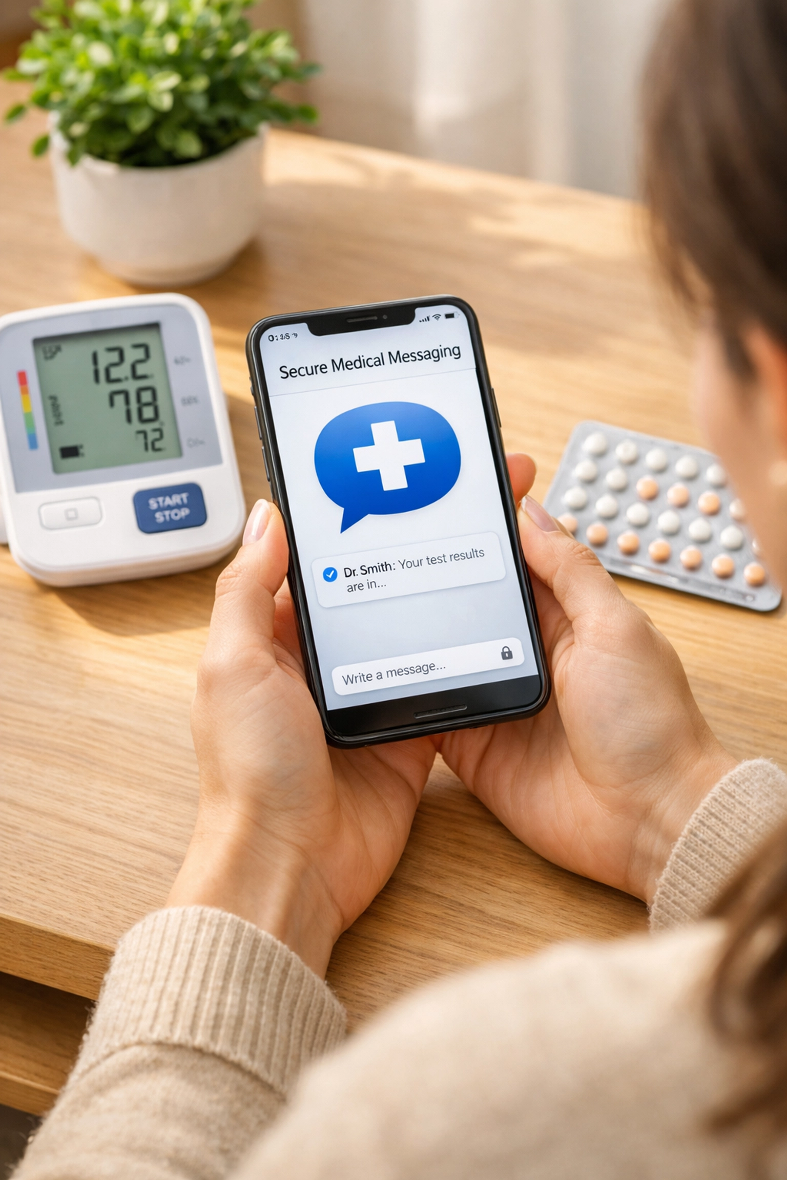 Woman using secure messaging for a birth control prescription online next to a blood pressure monitor.